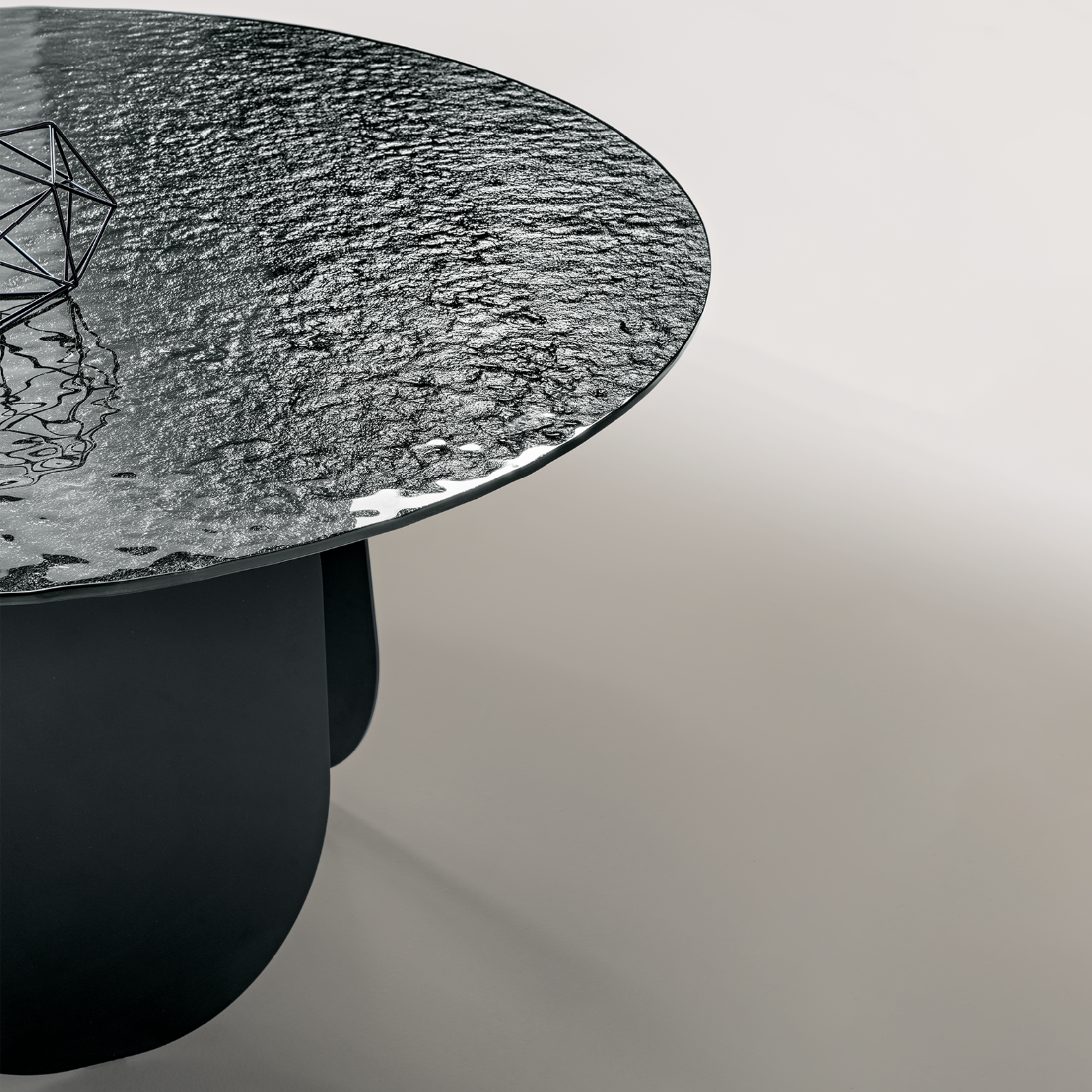 "Monroe" modern fixed round dining table with hammered glass top