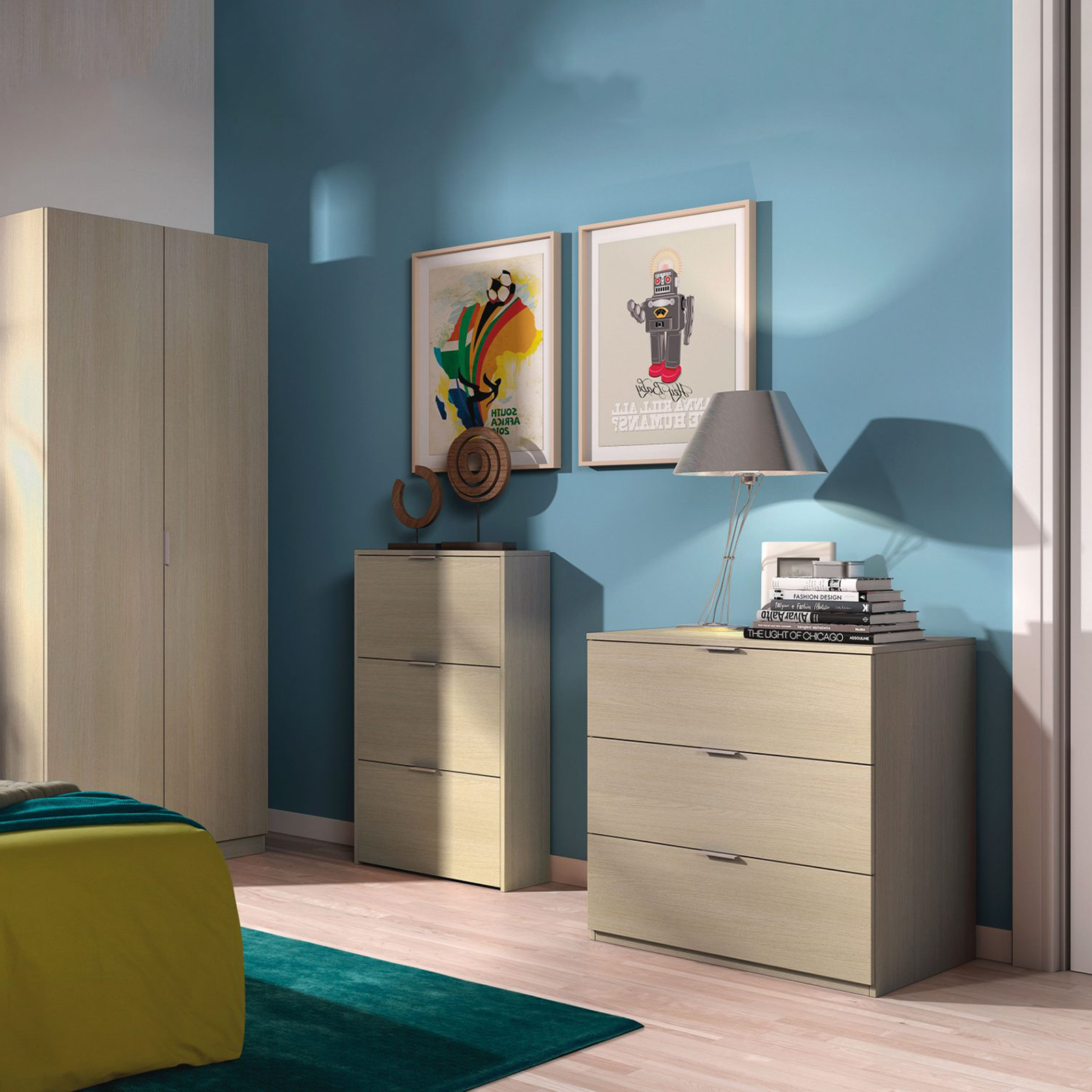 Set mobili per camera da letto Urban cassettiera e comodino in truciolare rovere o bianco