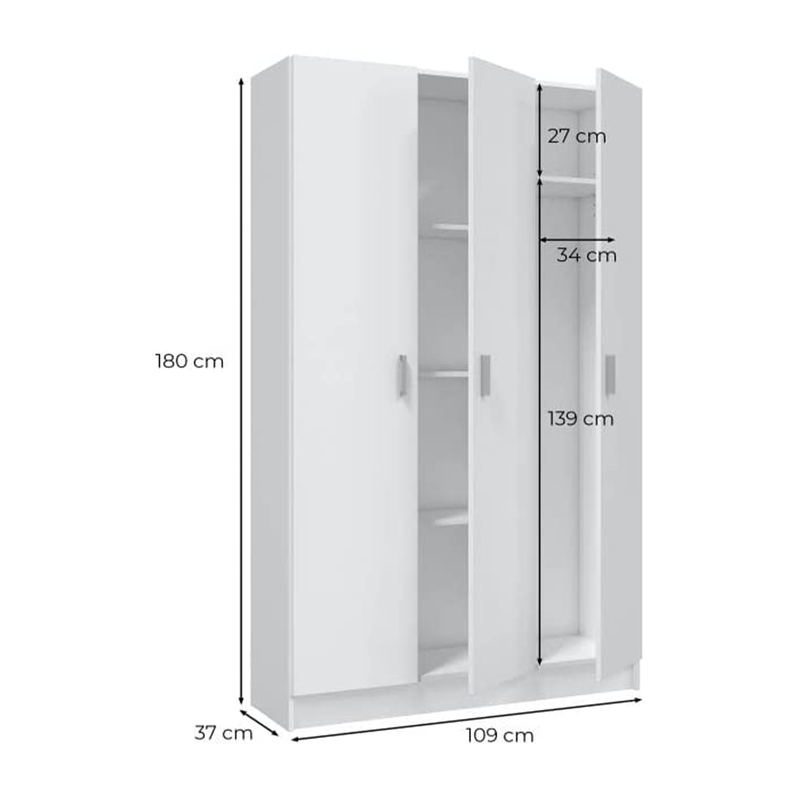 White multipurpose wooden wardrobe with shelves and broom storage compartment, 180 cm high