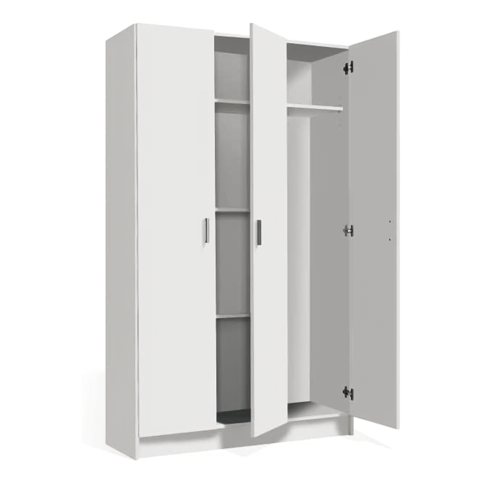 White multipurpose wooden wardrobe with shelves and broom storage compartment, 180 cm high