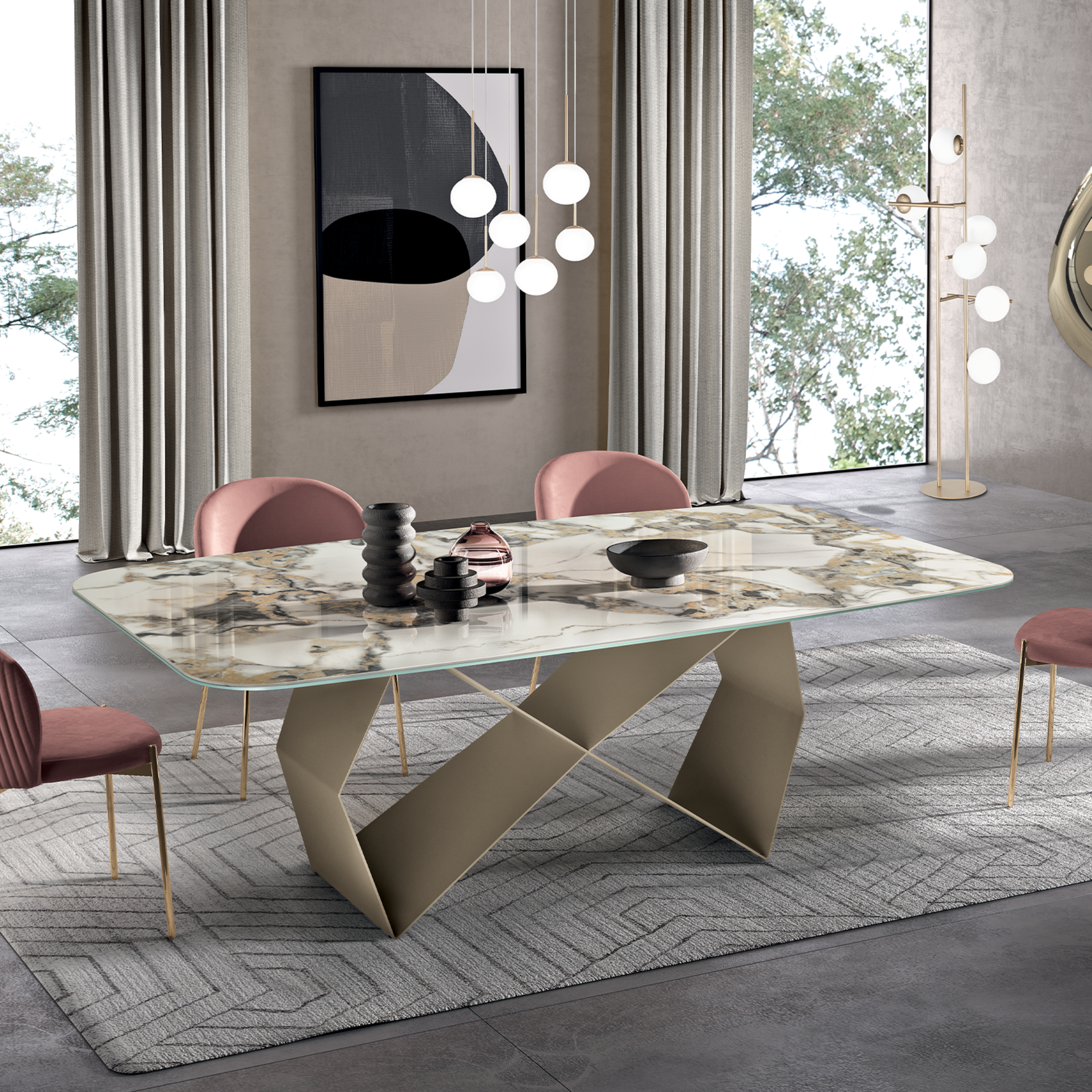 "Karlito" modern fixed table with painted metal base, 210x110 cm, 75 cm high.