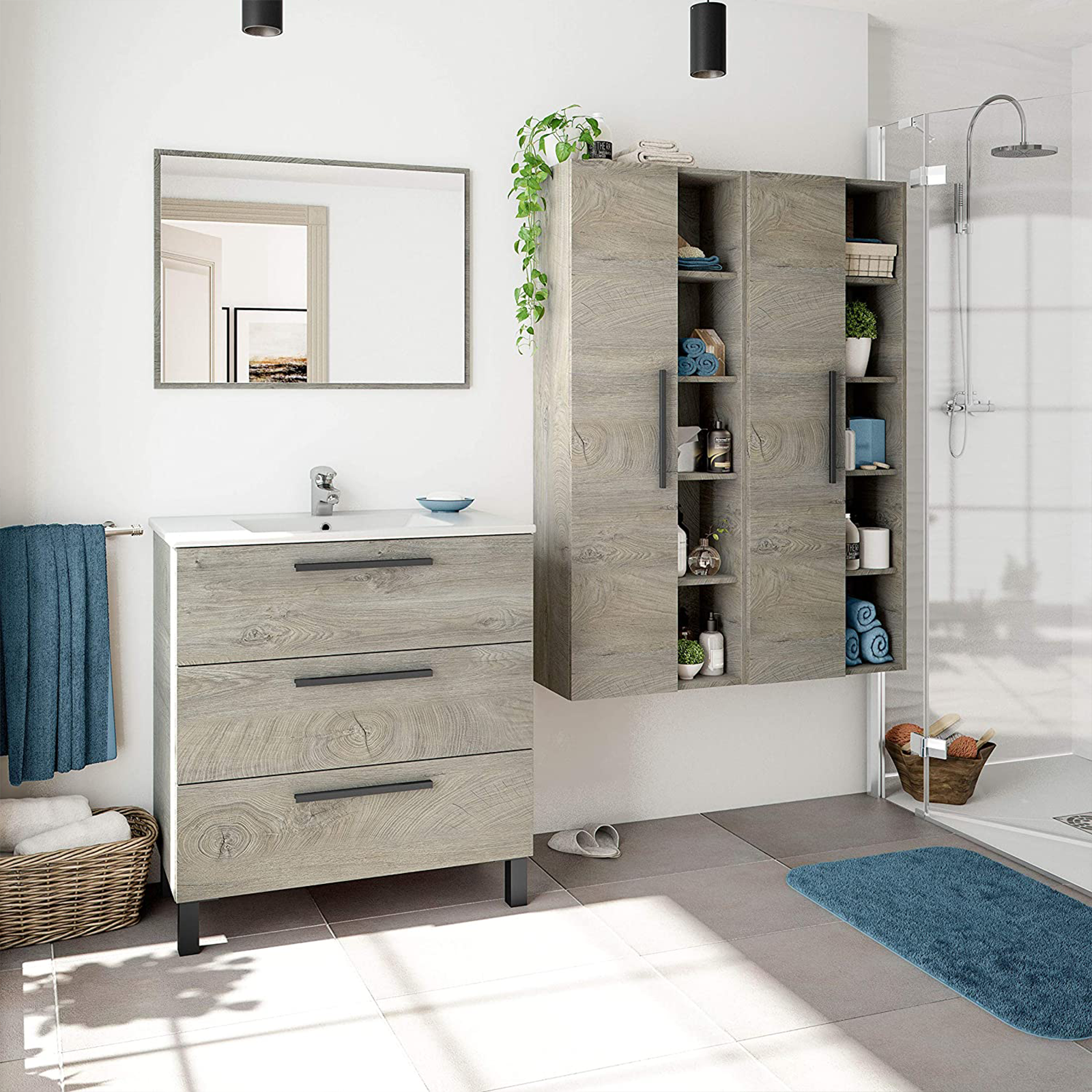 "Athena" bathroom wall unit with 2 doors and shelves in chipboard