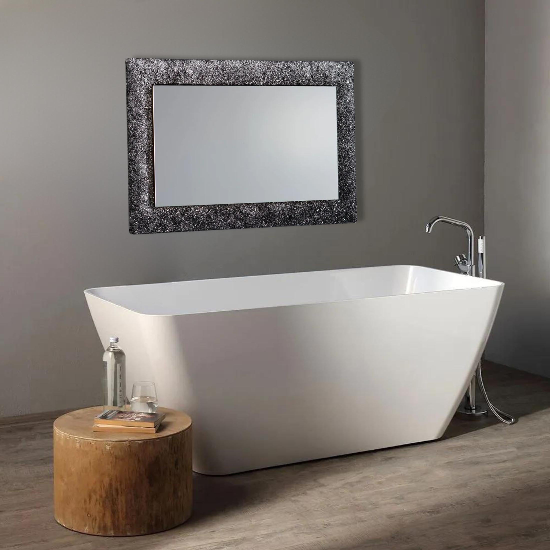 "Serranova2" rectangular LED mirror with glass grit frame, 90x62 cm