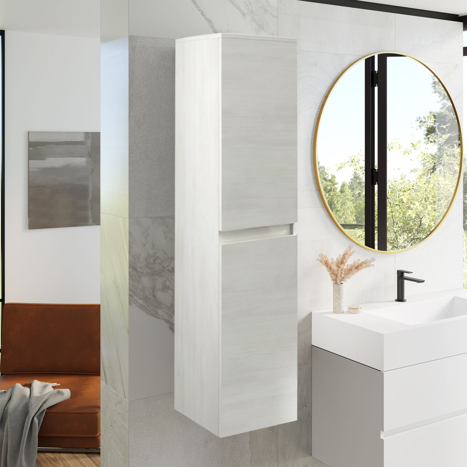 Colonna pensile da bagno "New Splash" mobile a 2 ante in legno rovere cm 31x33,5 138h