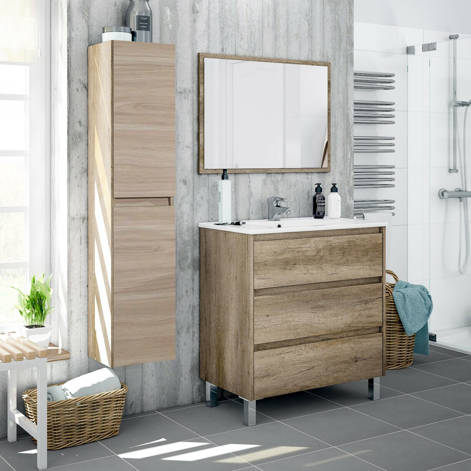 Colonna pensile da bagno "New Splash" mobile a 2 ante in legno rovere cm 31x33,5 138h