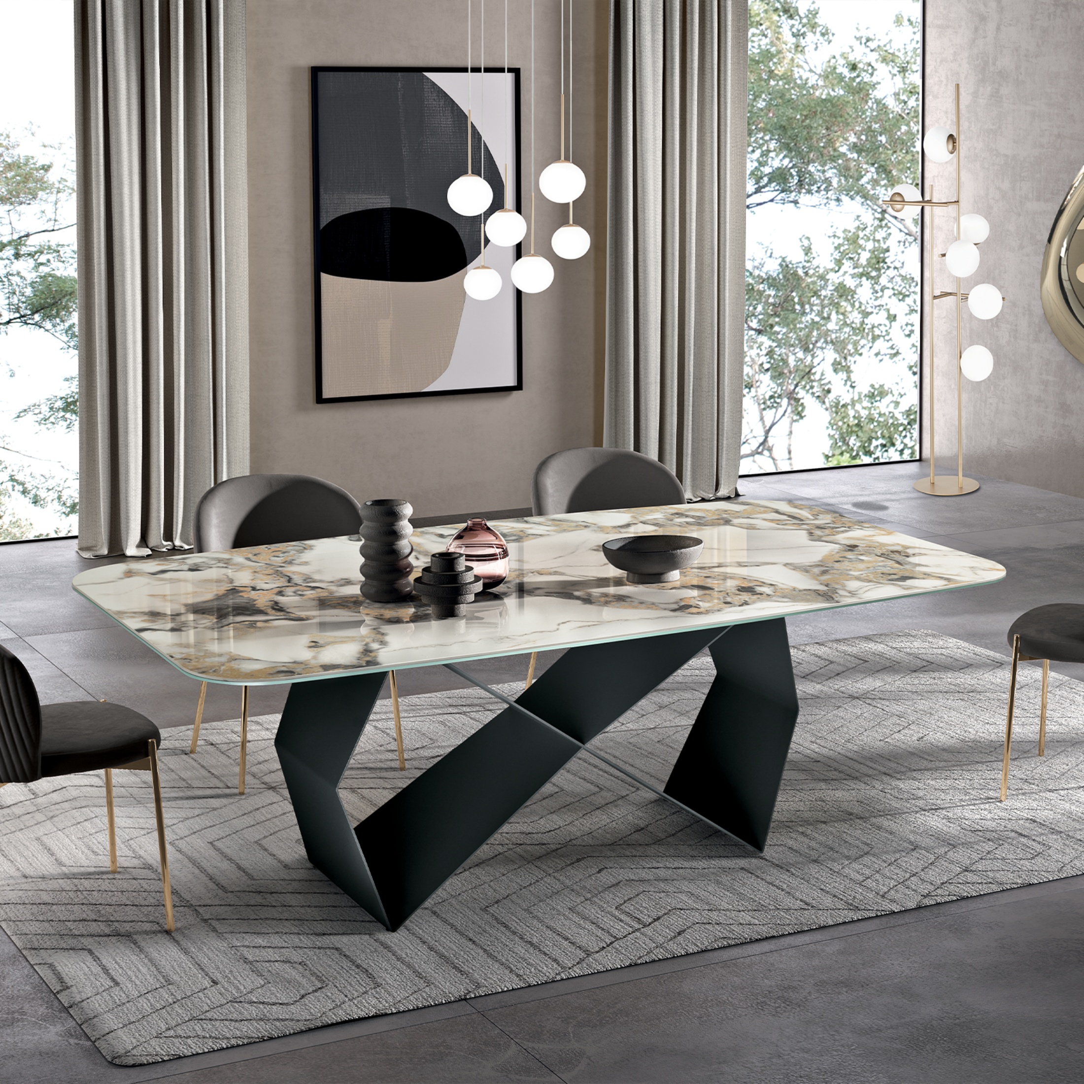 "Karlito" modern fixed table with painted metal base, 210x110 cm, 75 cm high.