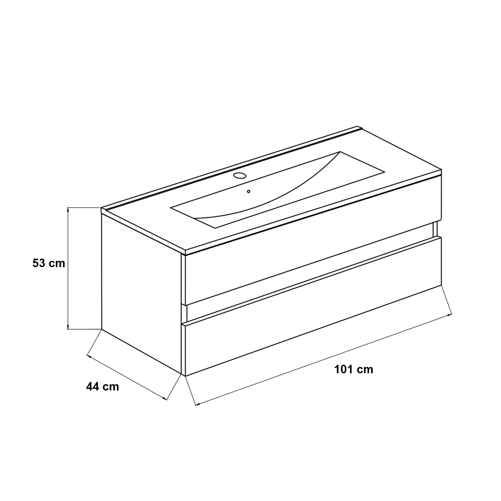 "New Splash" suspended under-sink unit with chipboard chest of drawers and mirror