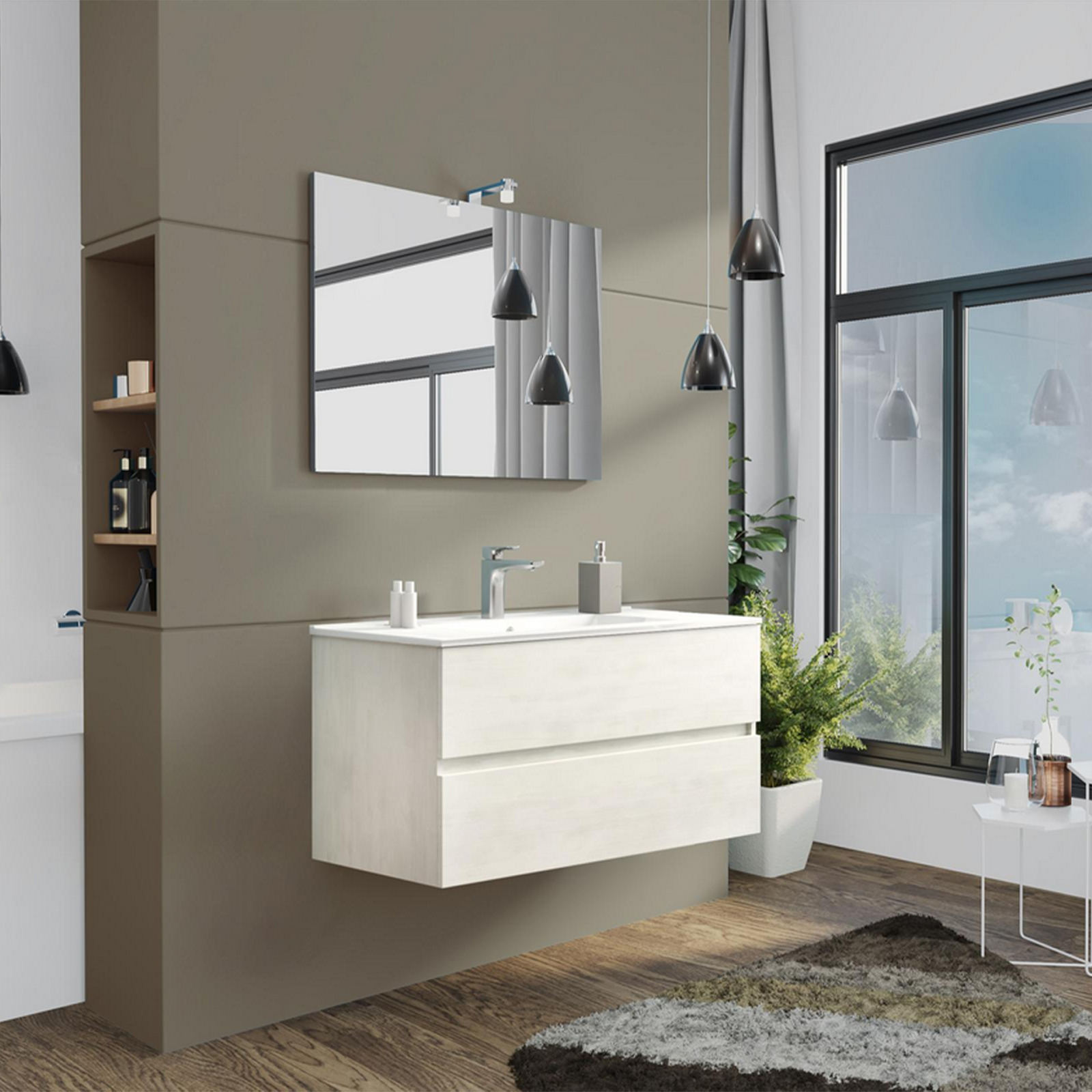 "New Splash" suspended under-sink unit with chipboard chest of drawers and mirror