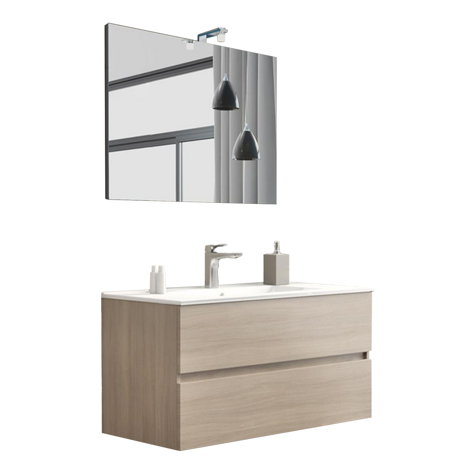 "New Splash" suspended under-sink unit with chipboard chest of drawers and mirror