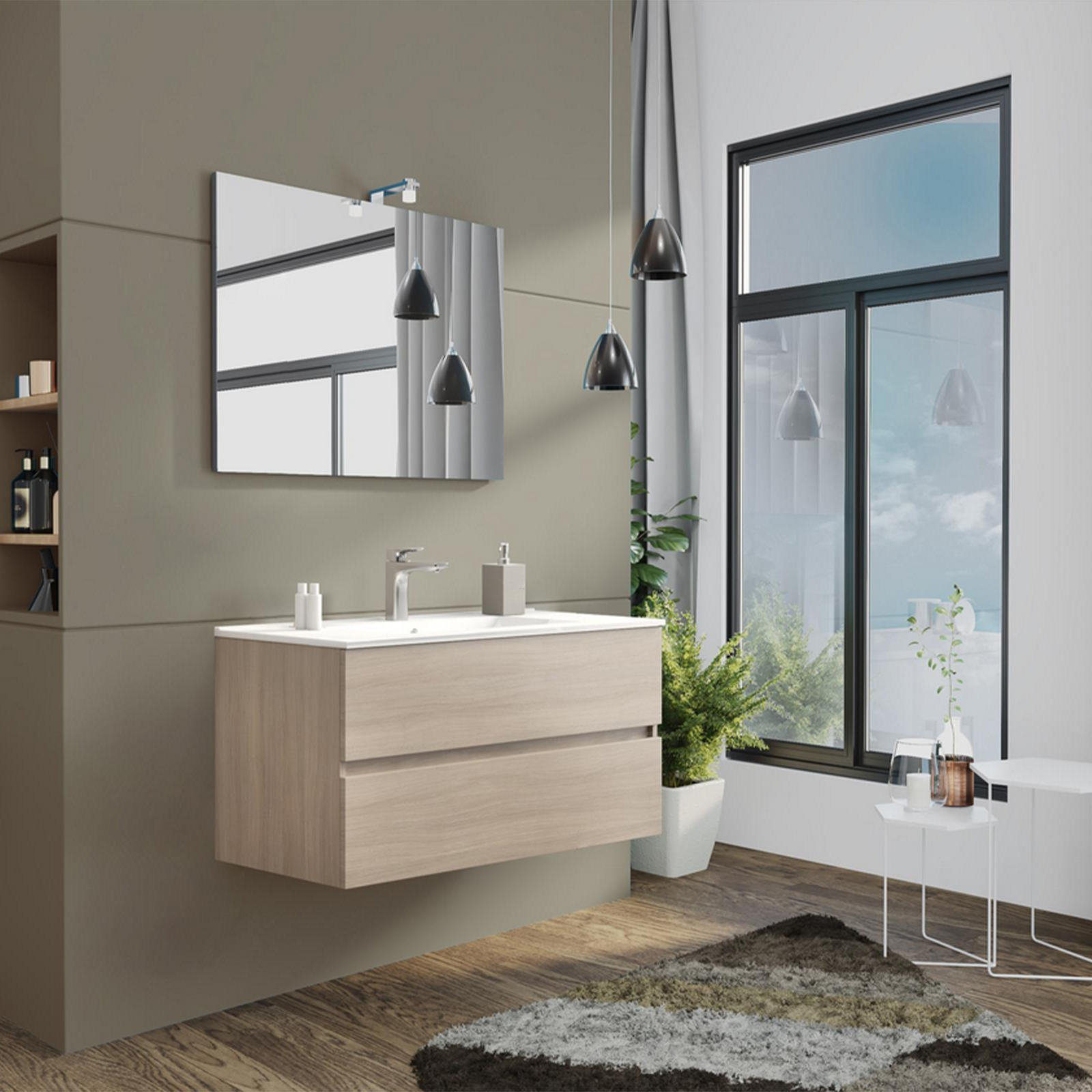 "New Splash" suspended under-sink unit with chipboard chest of drawers and mirror