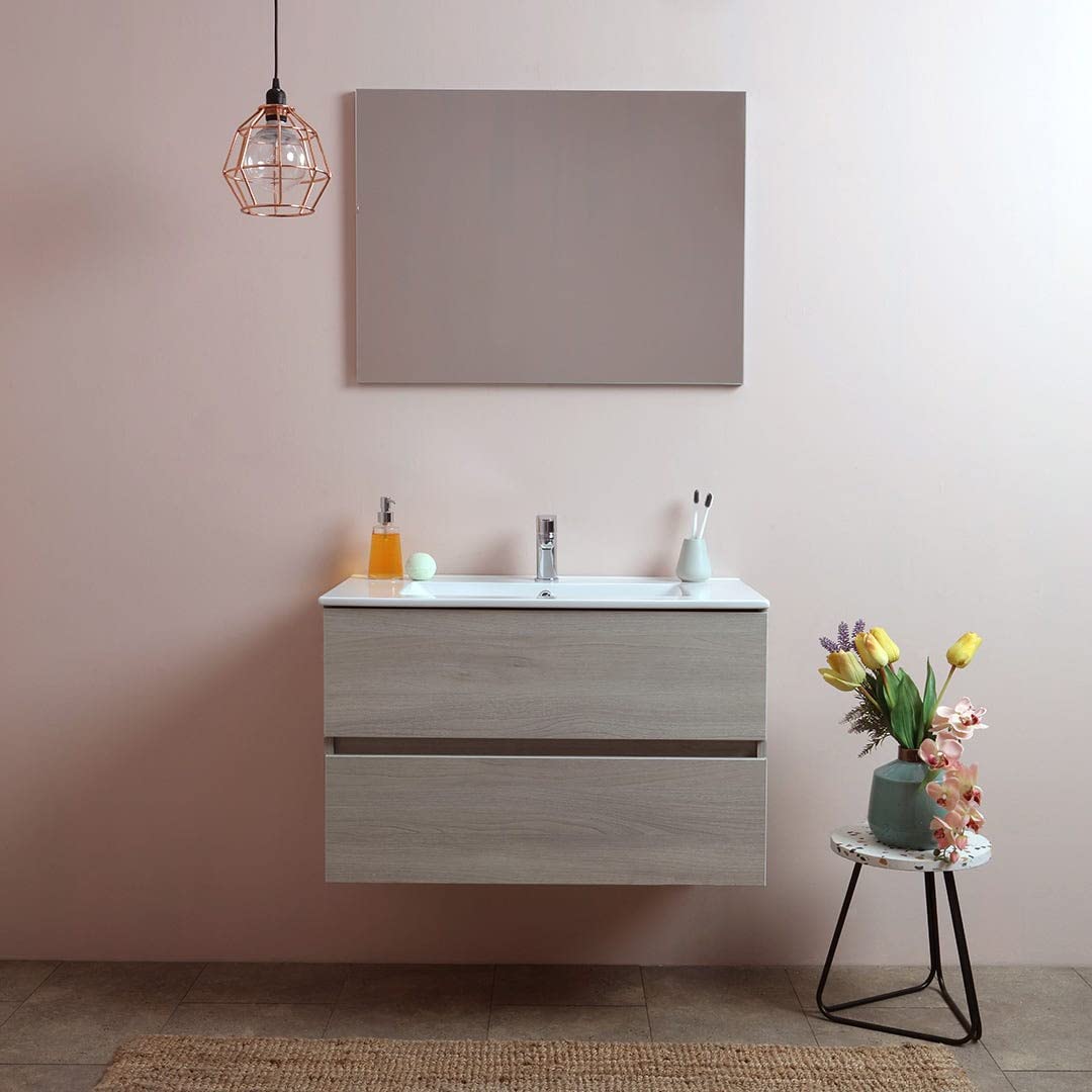 "New Splash" suspended under-sink unit with chipboard chest of drawers and mirror