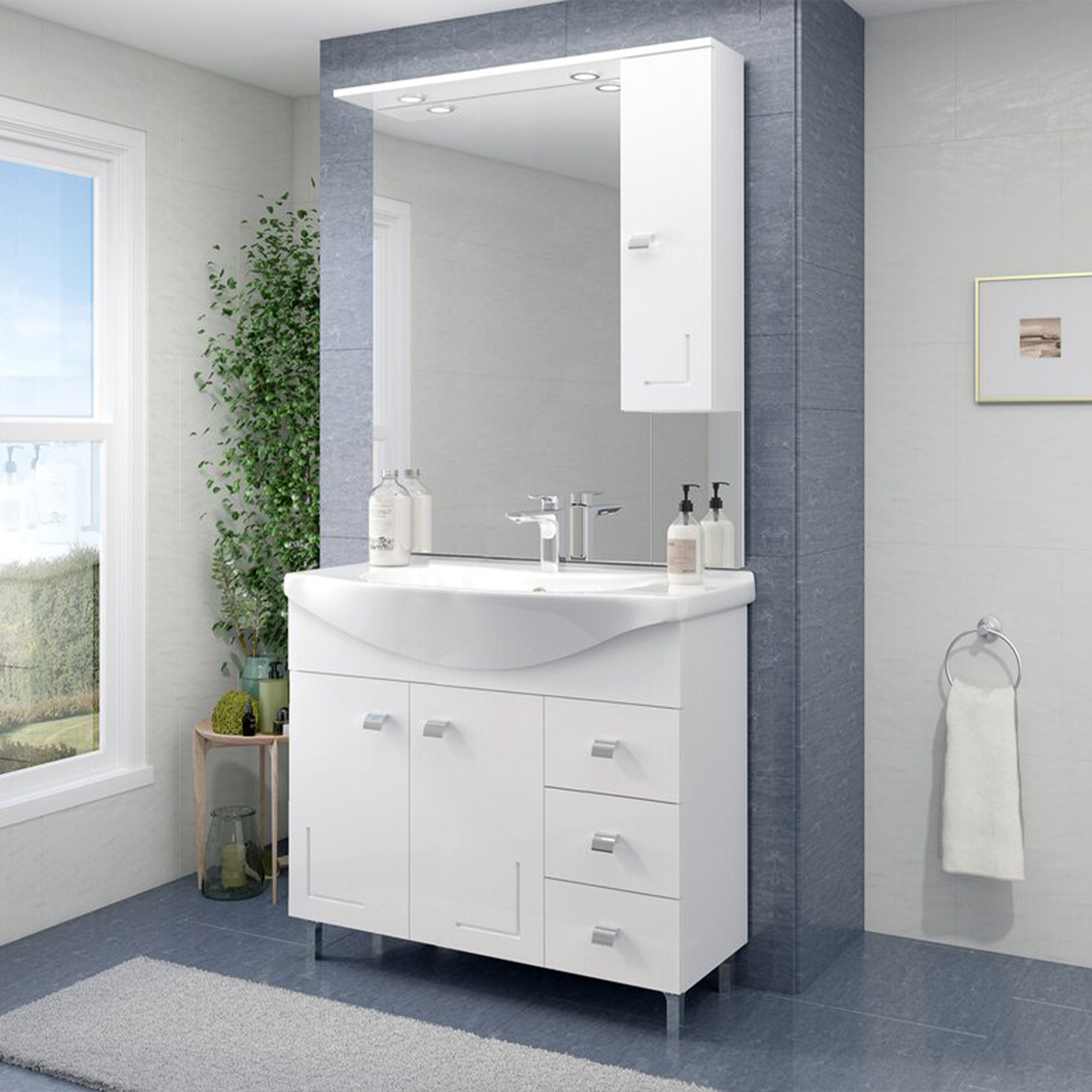 "Eva" chipboard bathroom vanity unit with mirror and wall-mounted column