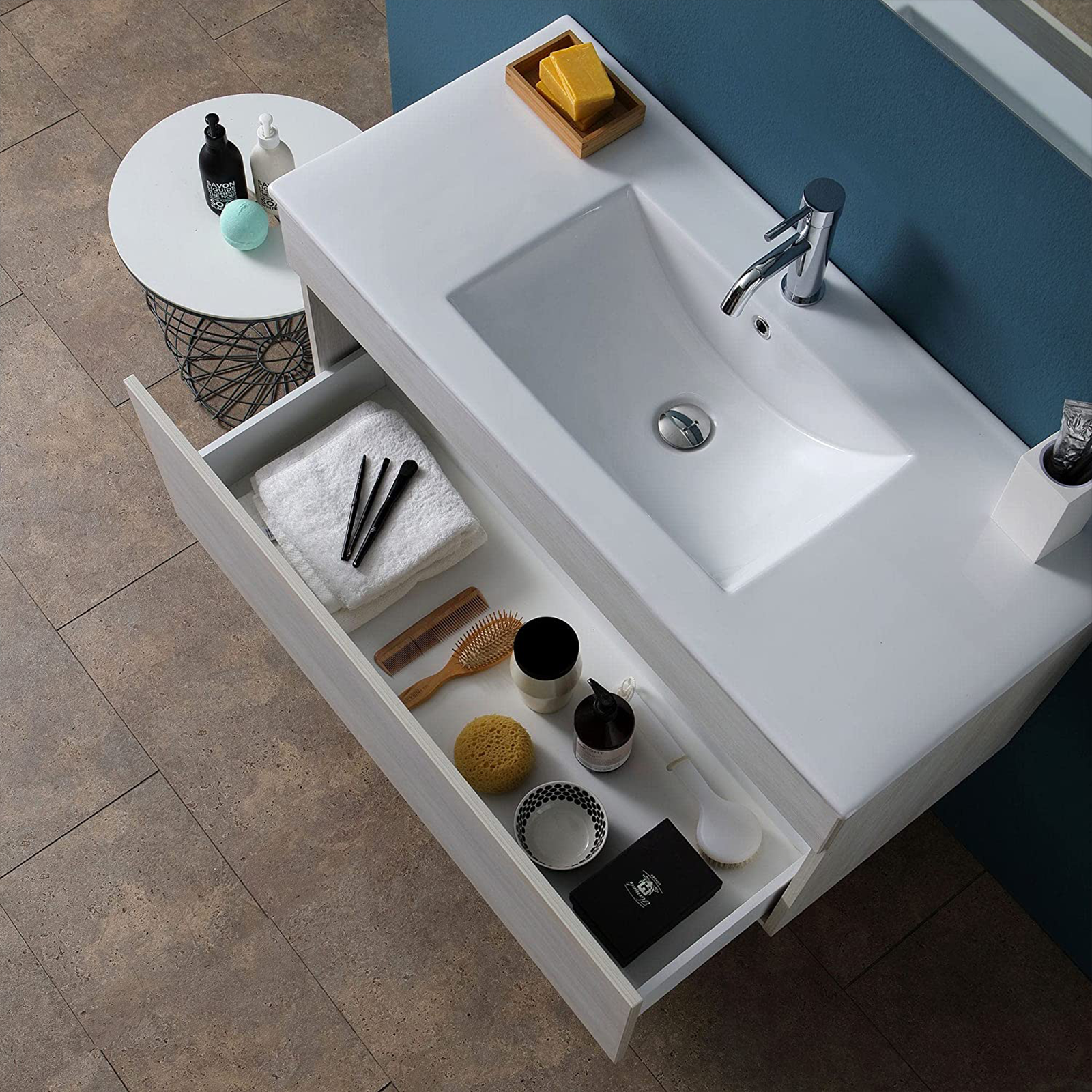 "Bogota" wall-hung bathroom cabinet with ceramic sink, chest of drawers and LED mirror