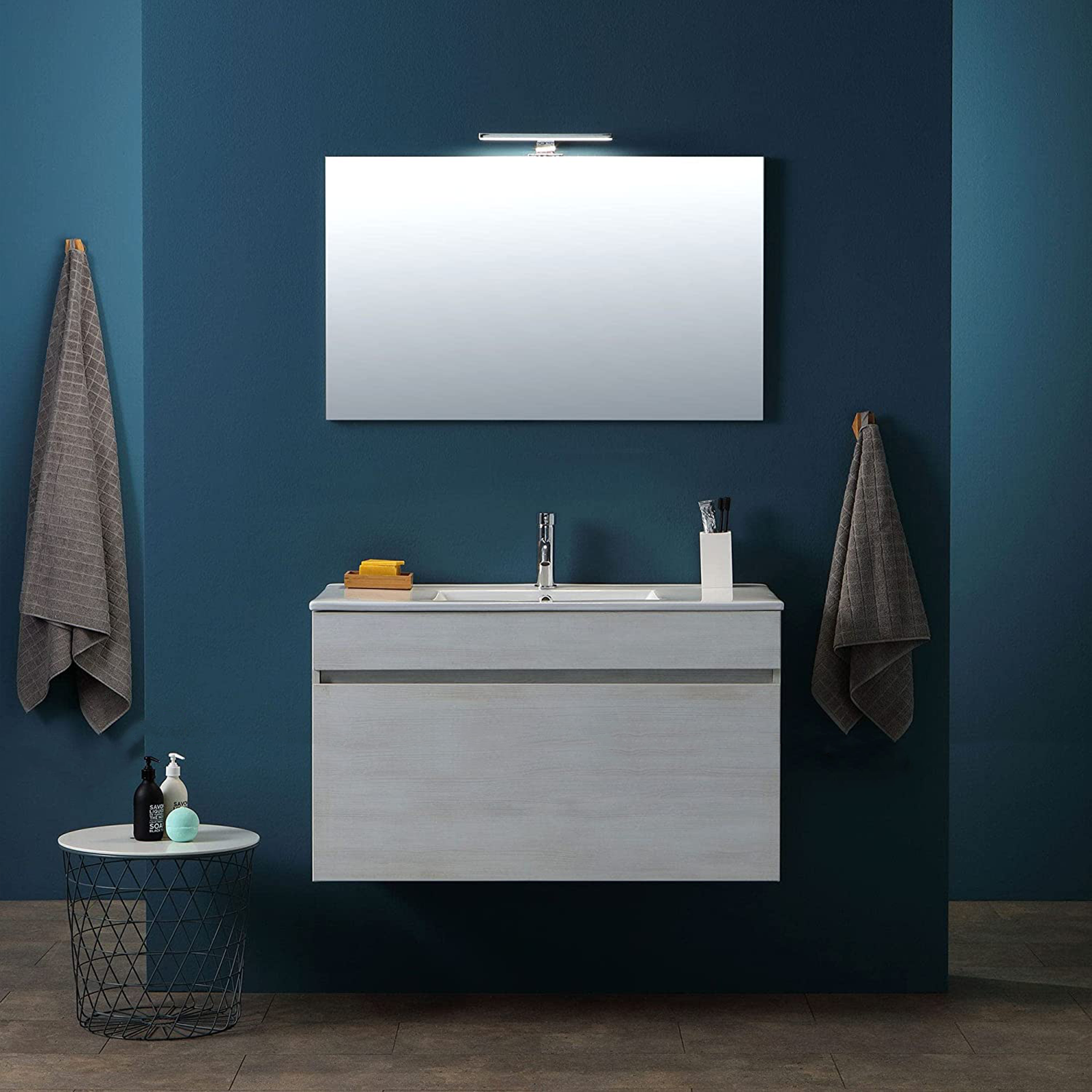 "Bogota" wall-hung bathroom cabinet with ceramic sink, chest of drawers and LED mirror