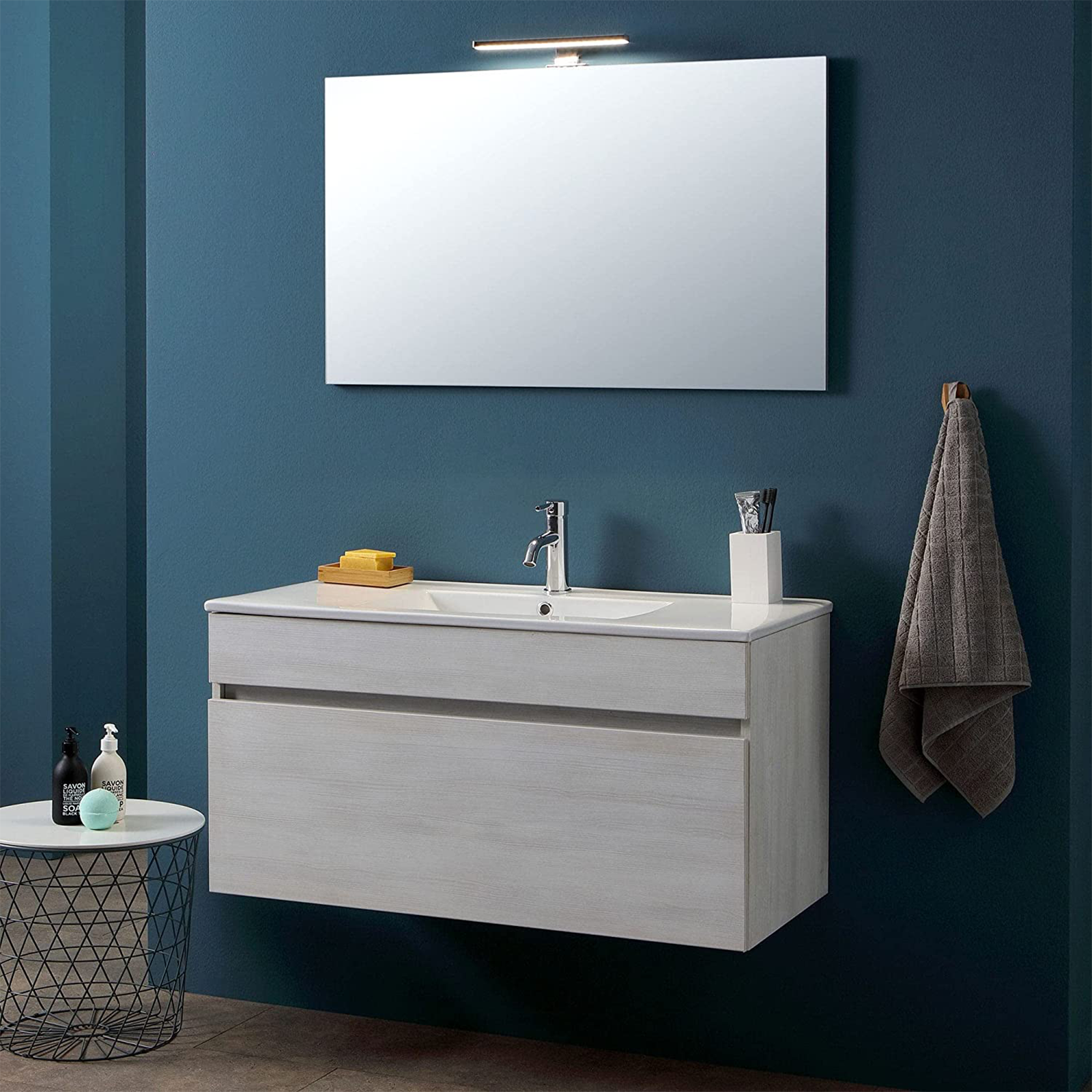 "Bogota" wall-hung bathroom cabinet with ceramic sink, chest of drawers and LED mirror