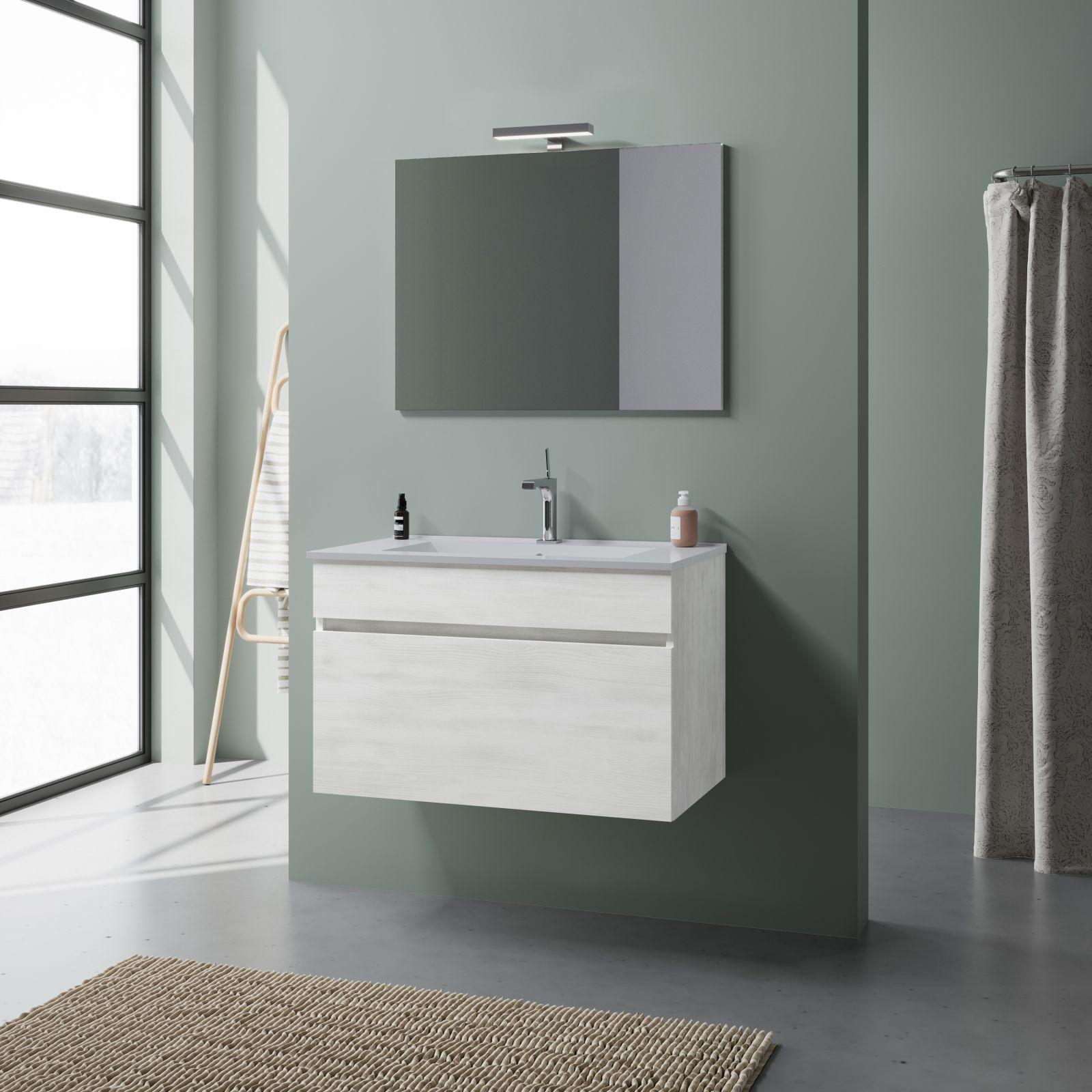 "Bogota" wall-hung bathroom cabinet with ceramic sink, chest of drawers and LED mirror