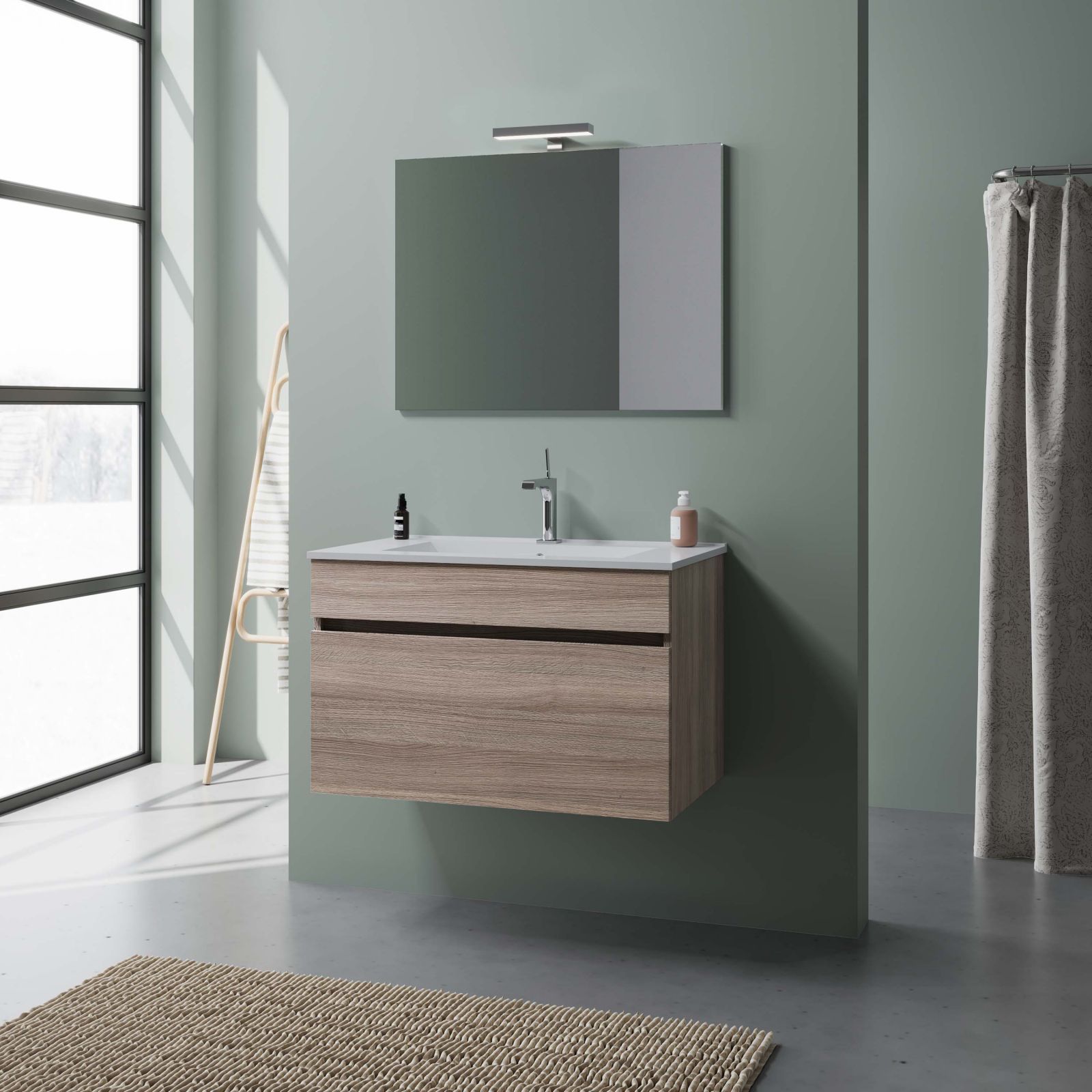 "Bogota" wall-hung bathroom cabinet with ceramic sink, chest of drawers and LED mirror