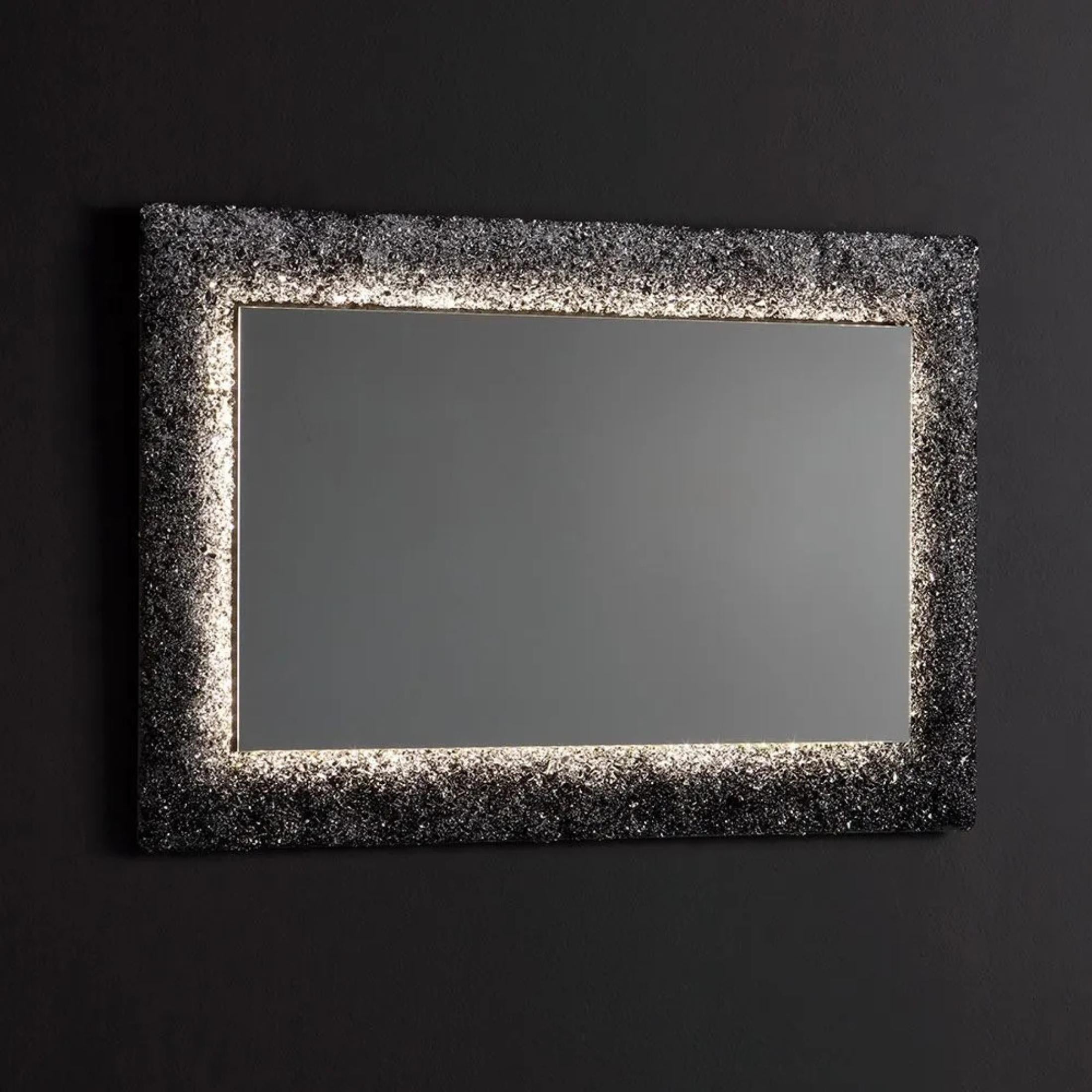 "Serranova2" rectangular LED mirror with glass grit frame, 90x62 cm