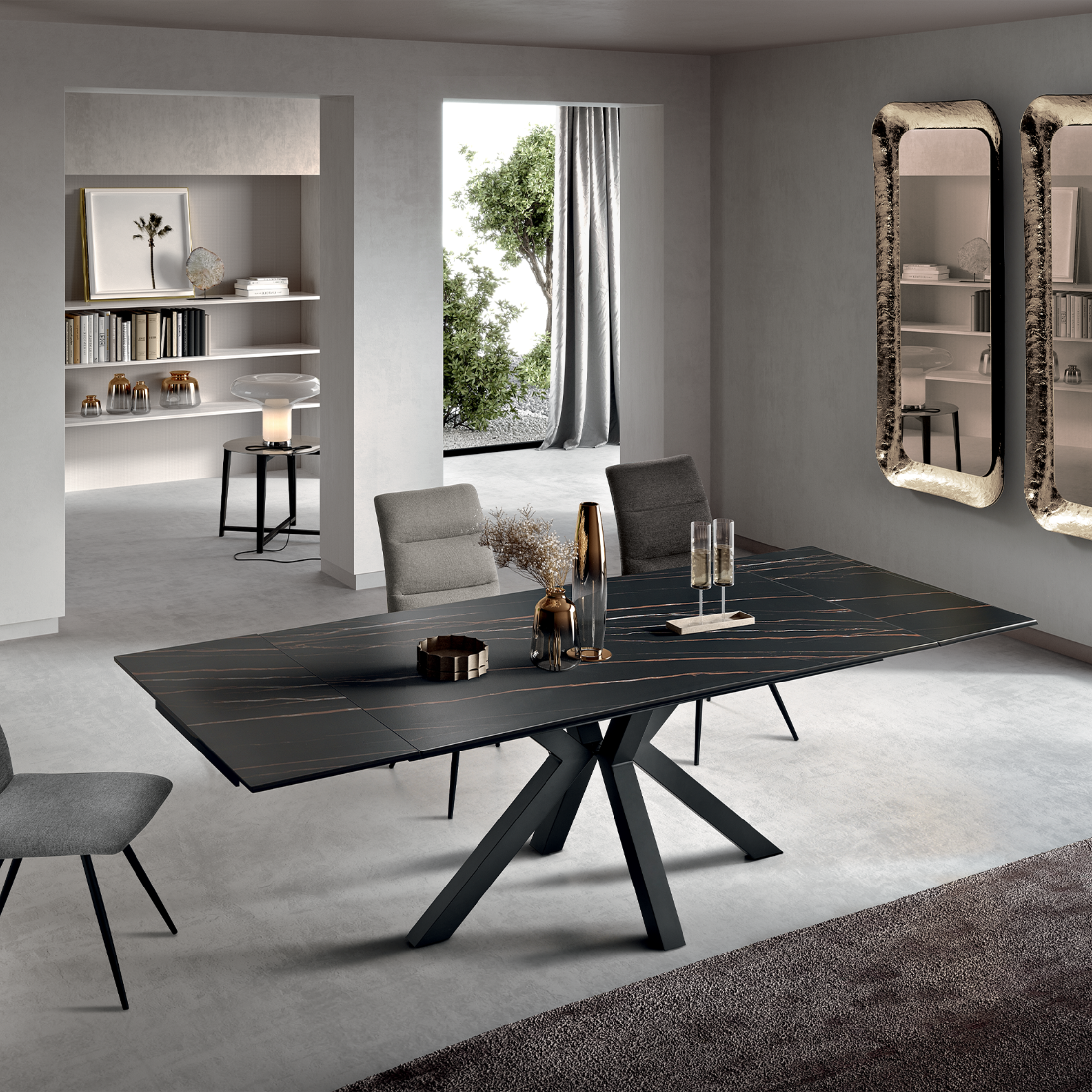 Modern extendable table "Artik" with metal base, seats up to 10 people.