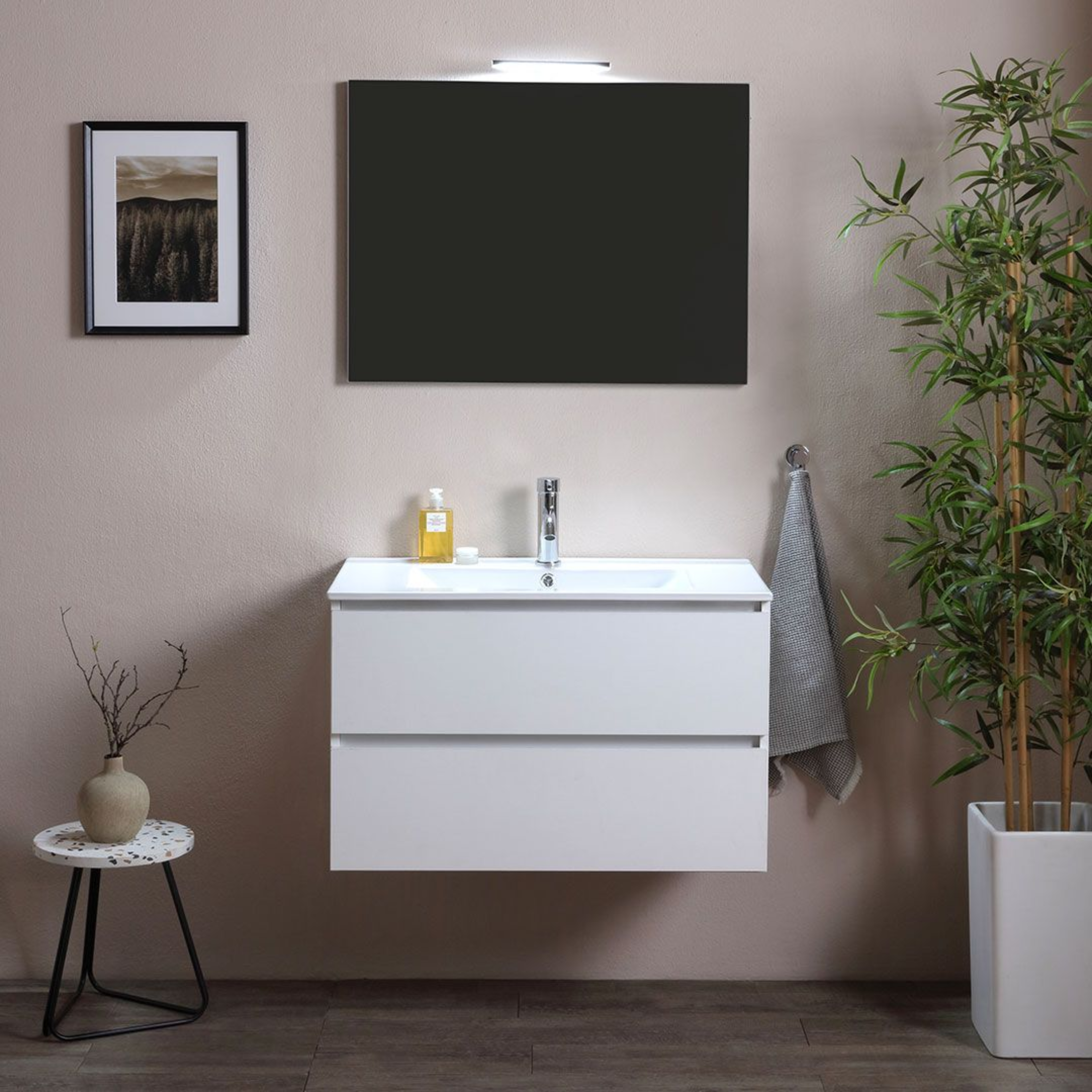 "Belize80" white wall-hung bathroom cabinet with two drawers and a ceramic sink