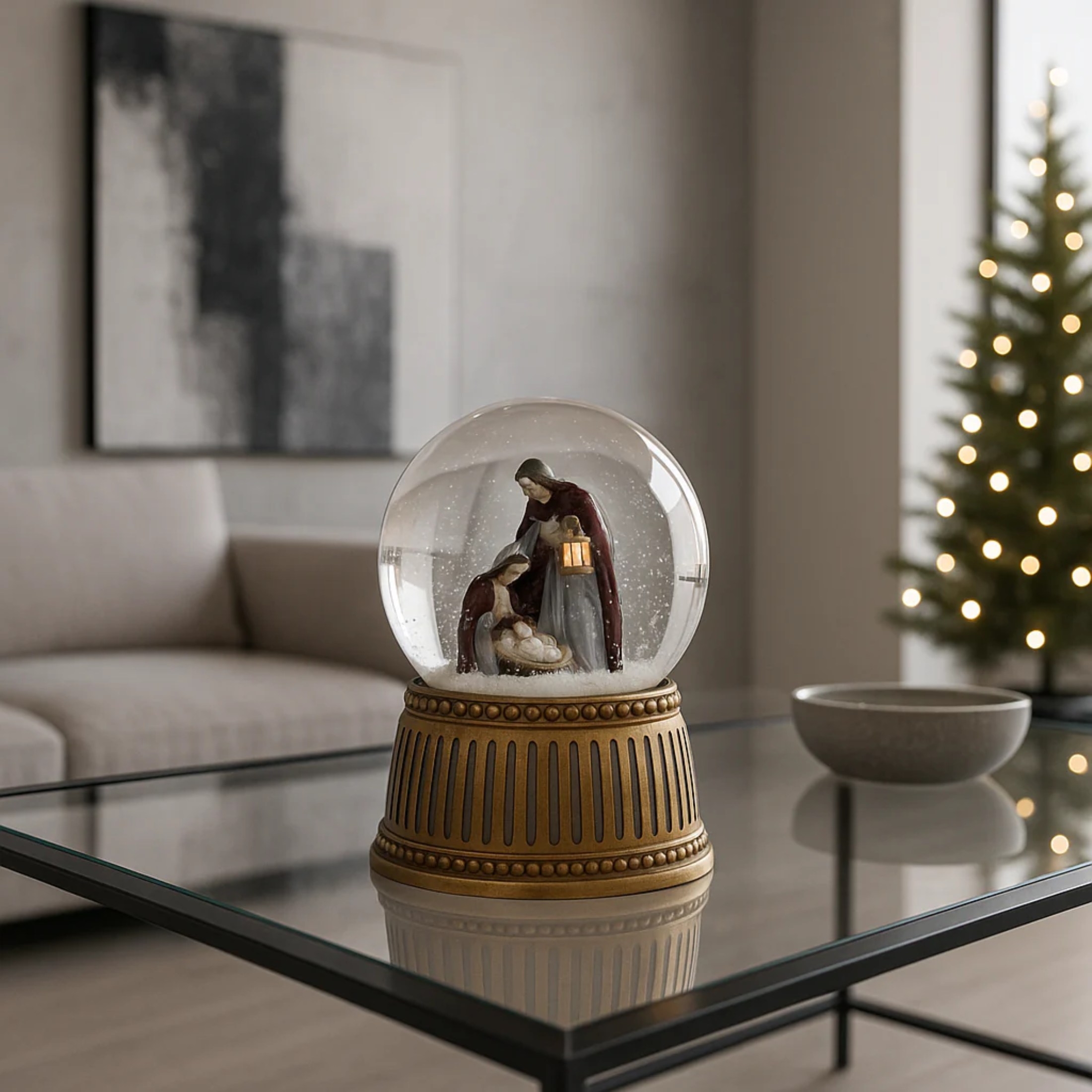 Decorative snow globe with nativity scene and music, 10x14.5 cm