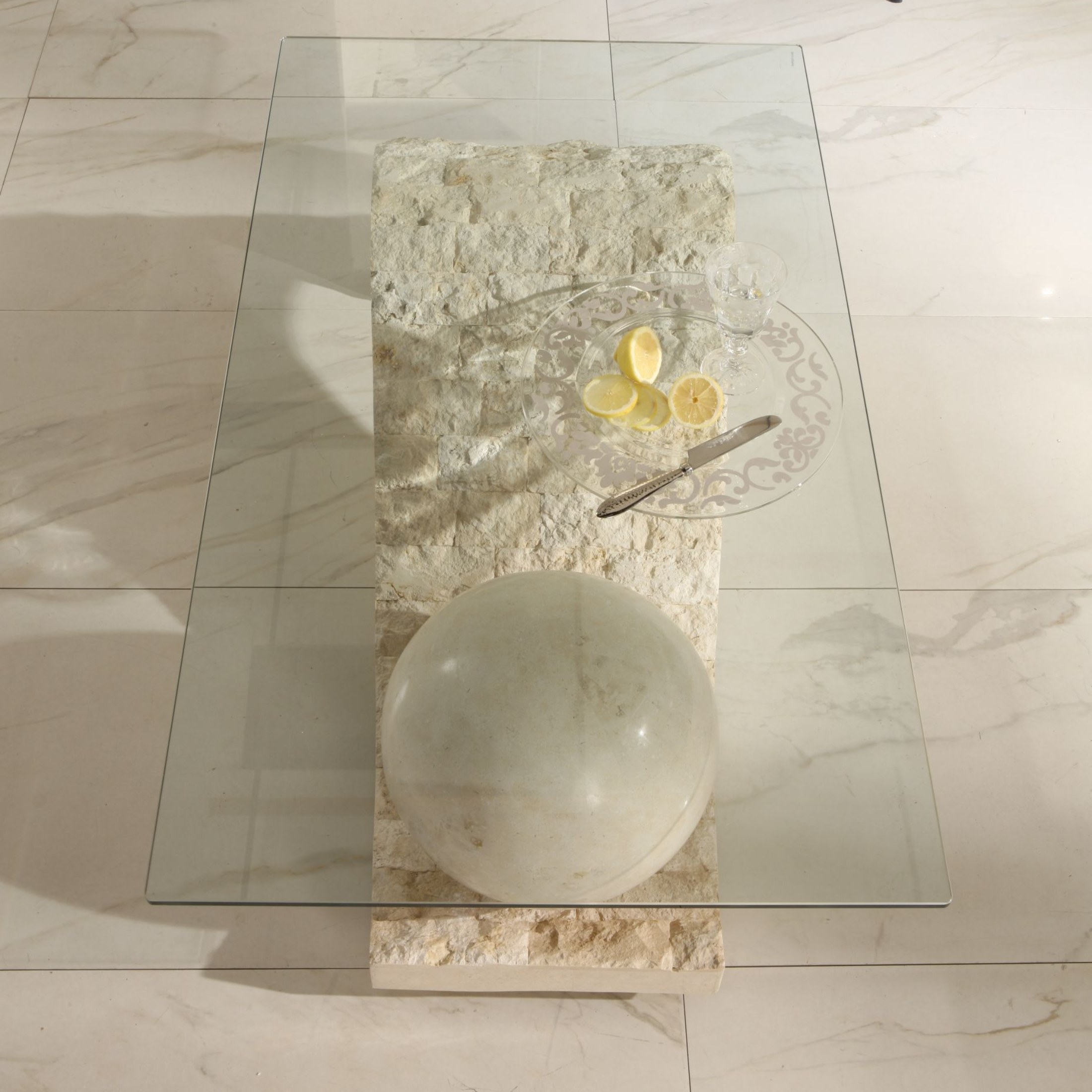 "Mary" fossil stone coffee table with tempered glass top, 120x70 cm, 37 cm high
