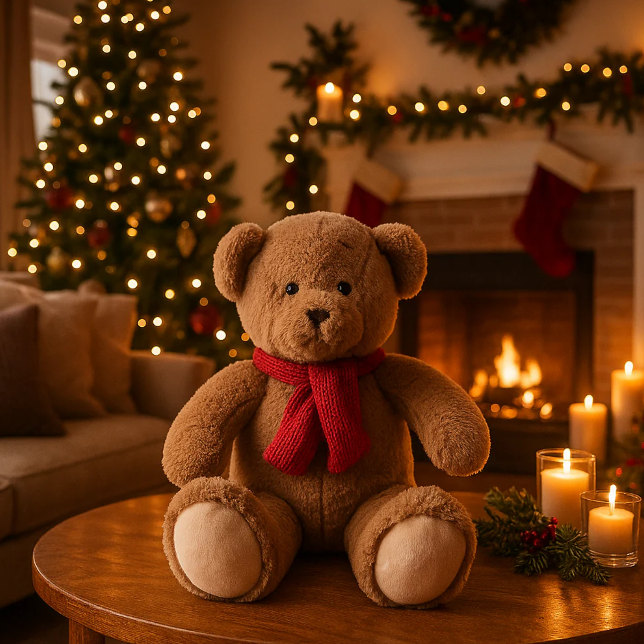 Teddy bear with red knitted scarf, Christmas decoration 30x25 cm 30h