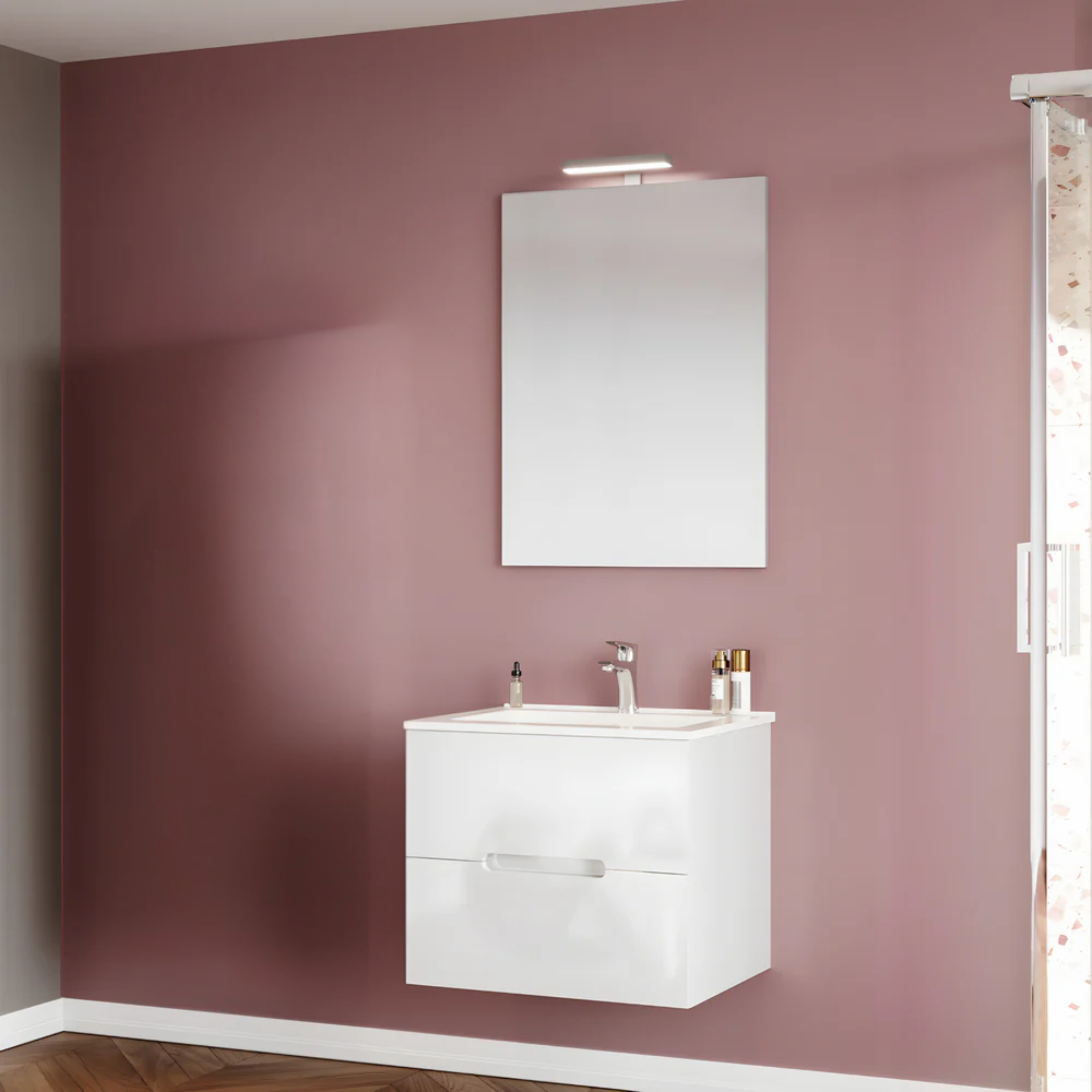 "Rhovan" bathroom cabinet with base, sink and LED mirror