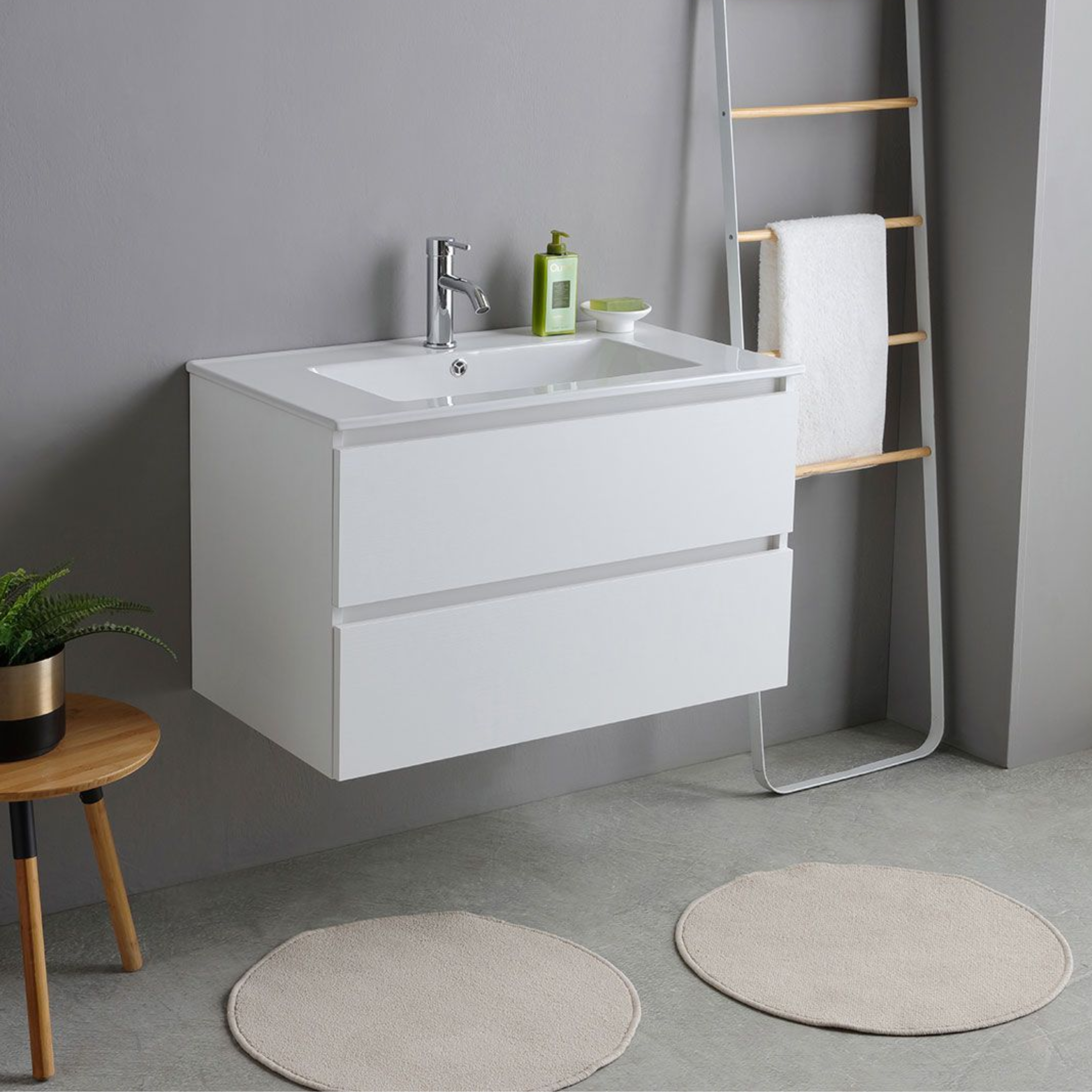 White "Havana" bathroom cabinet, 80 cm, wall-hung, 2 drawers, base unit with integrated ceramic sink