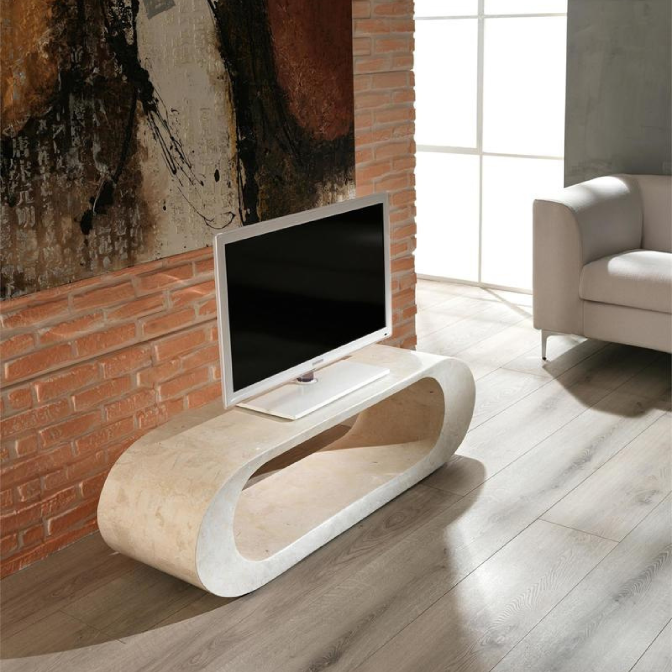 Low table in fossil stone TV stand "Olimpia" cm 130x35 35h