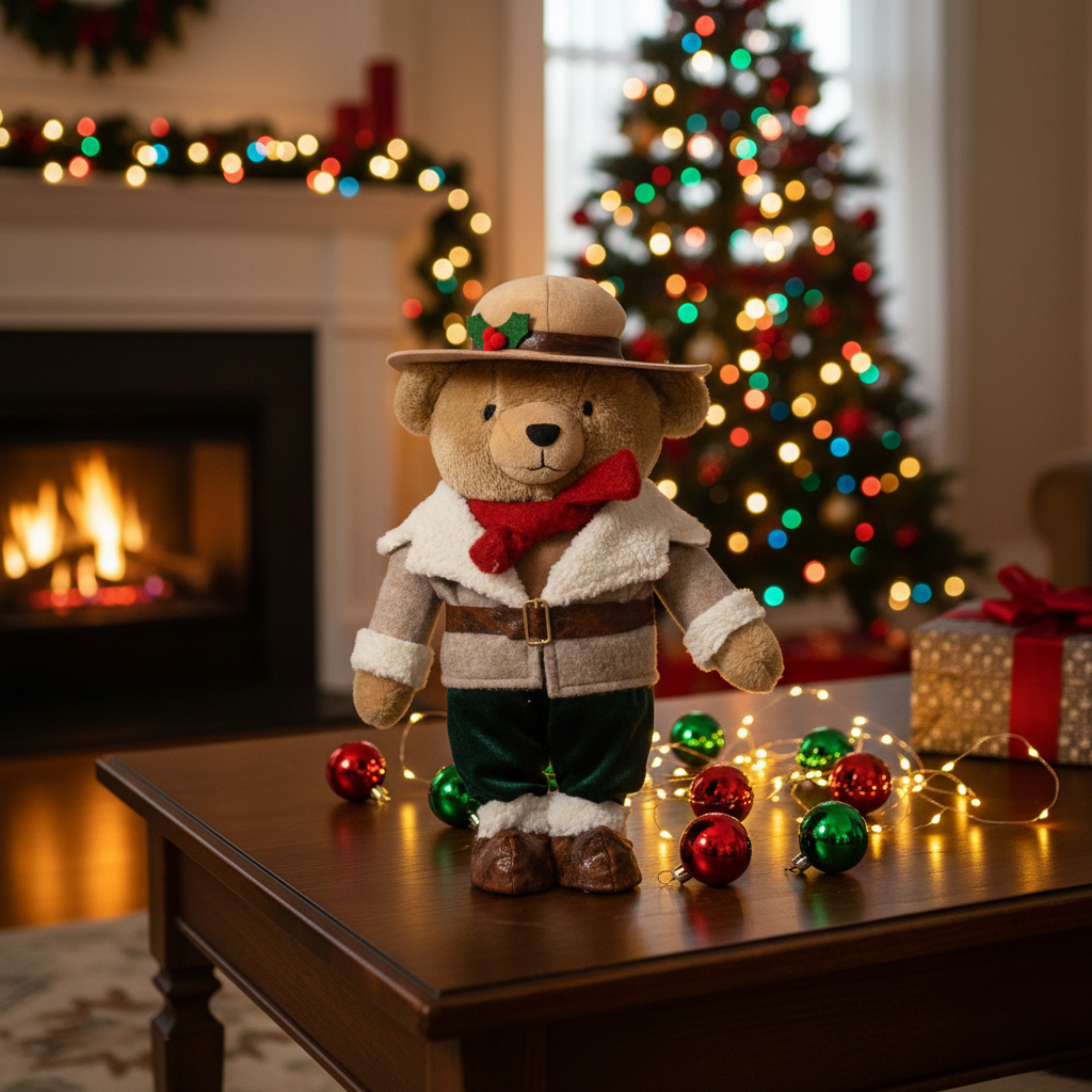 Country teddy bear with coat and hat, polyester Christmas decorations 18x14 cm 31h