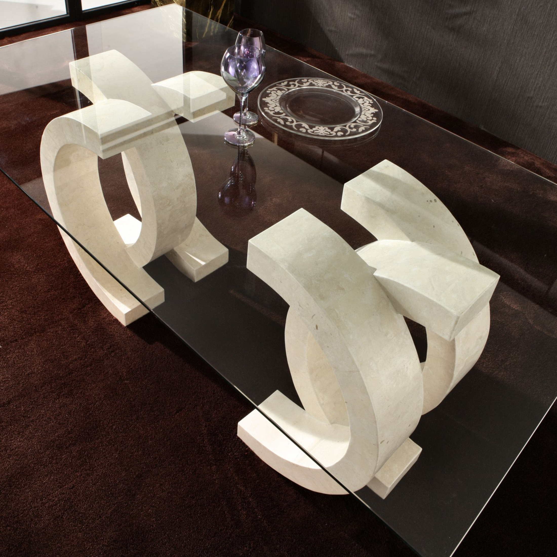 "Coco" stone dining table with tempered glass top, 180x100 cm, 76 cm high