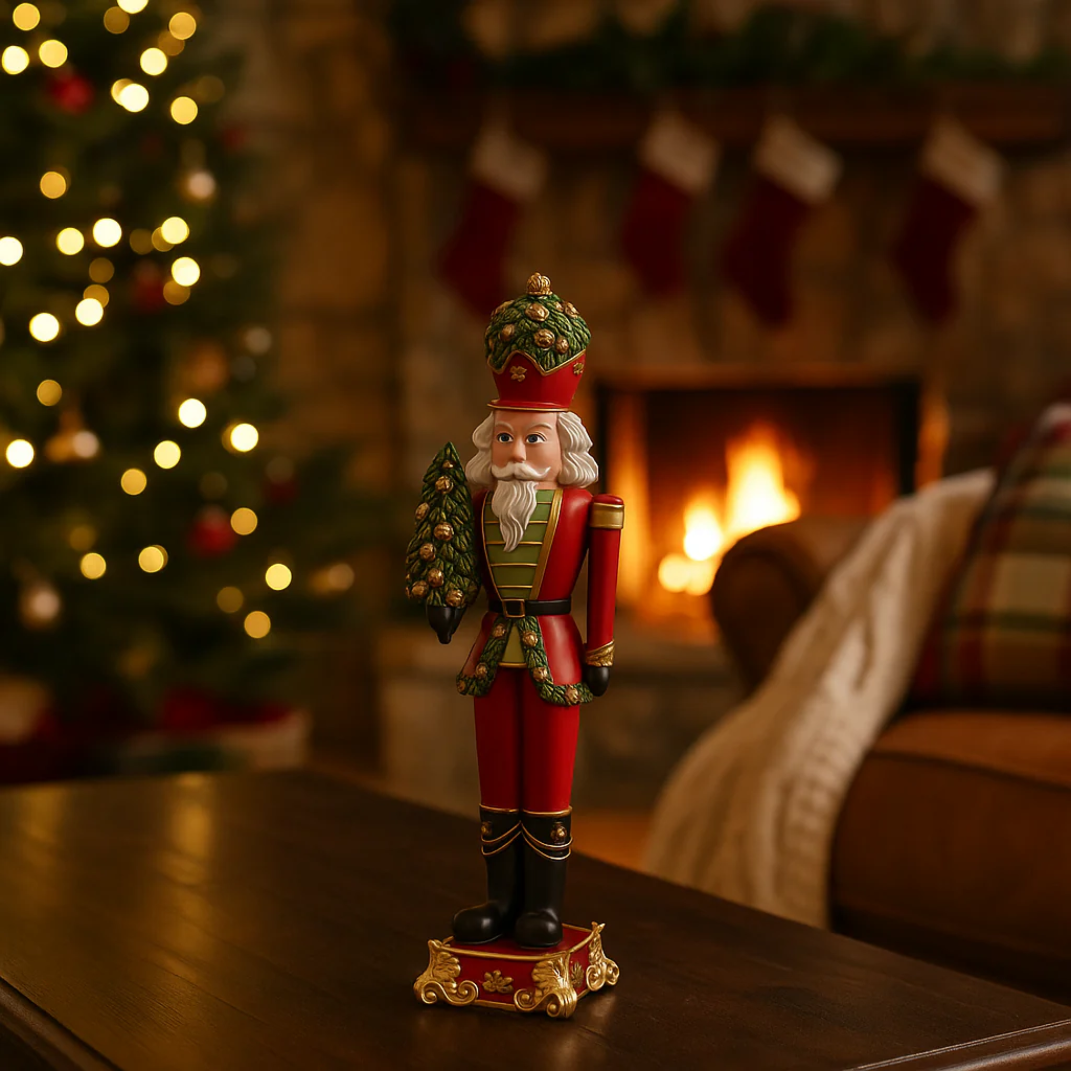 Christmas soldier with integrated decorative pine tree enriched with glitter, 41 cm high.