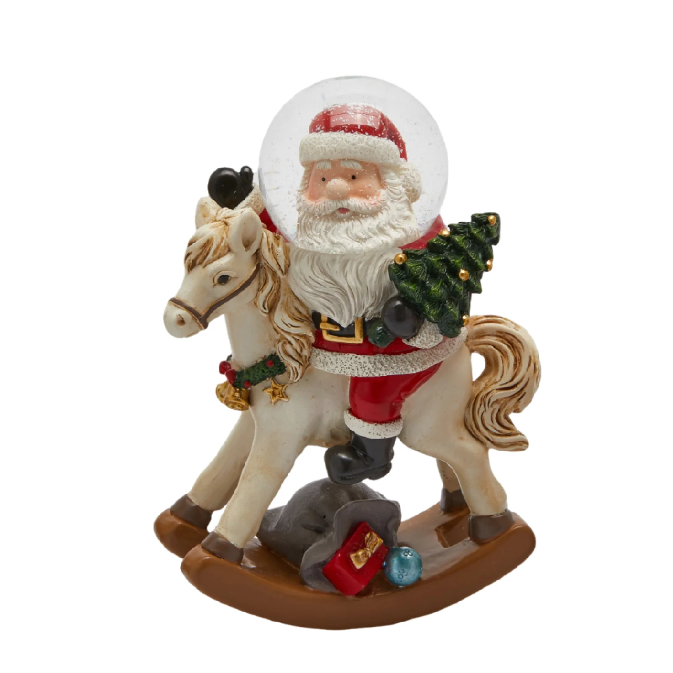 Resin rocking horse with glass water sphere and internal Christmas scene with shiny snow effect, 13.5 cm high.