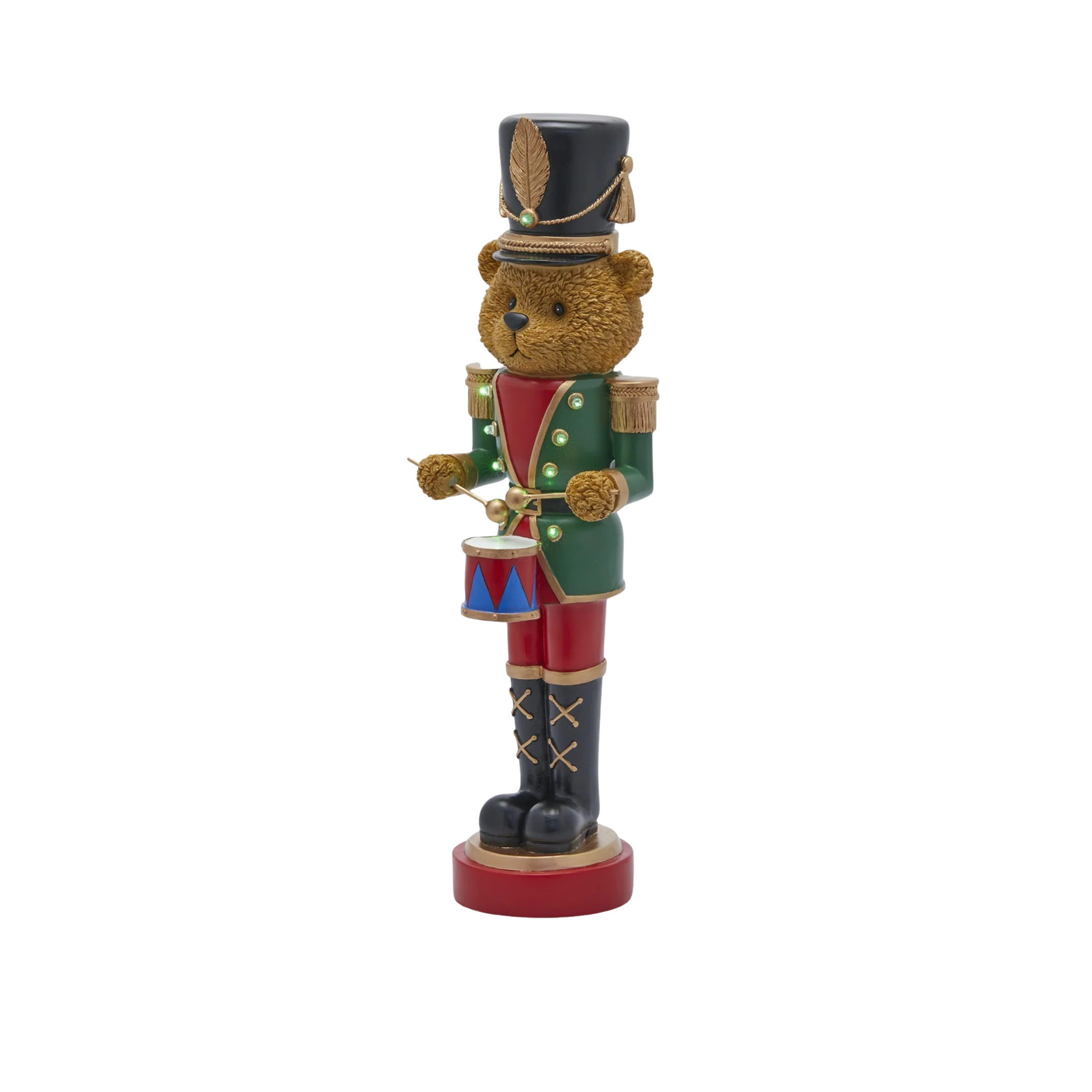 Toy soldier bear with mini LED Christmas decoration, 46 cm high.