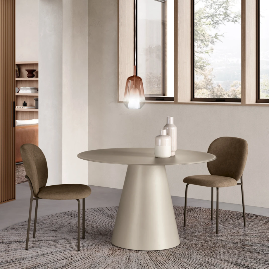 Tavolo tondo fisso "Paride" con base conica e piano in vetro cm Ø 120x76h