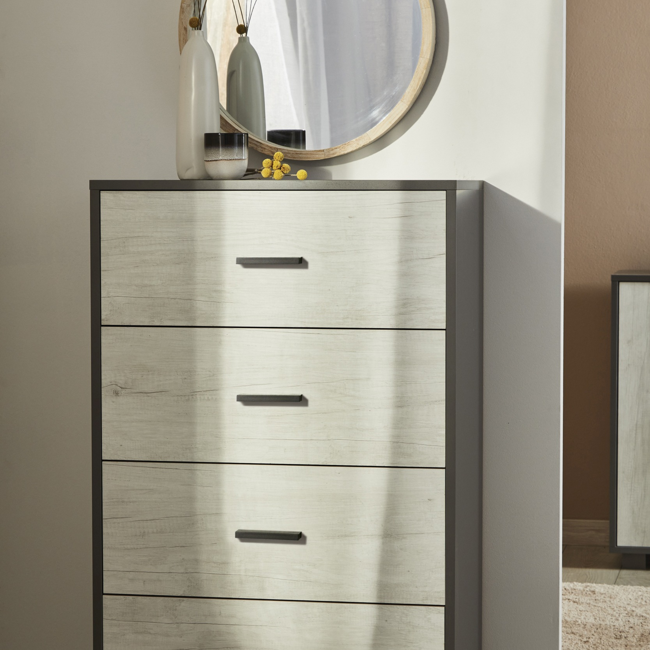 "Project" mobile wooden chest of drawers with 4 multifunctional drawers, 71x41 cm, 110 cm high.