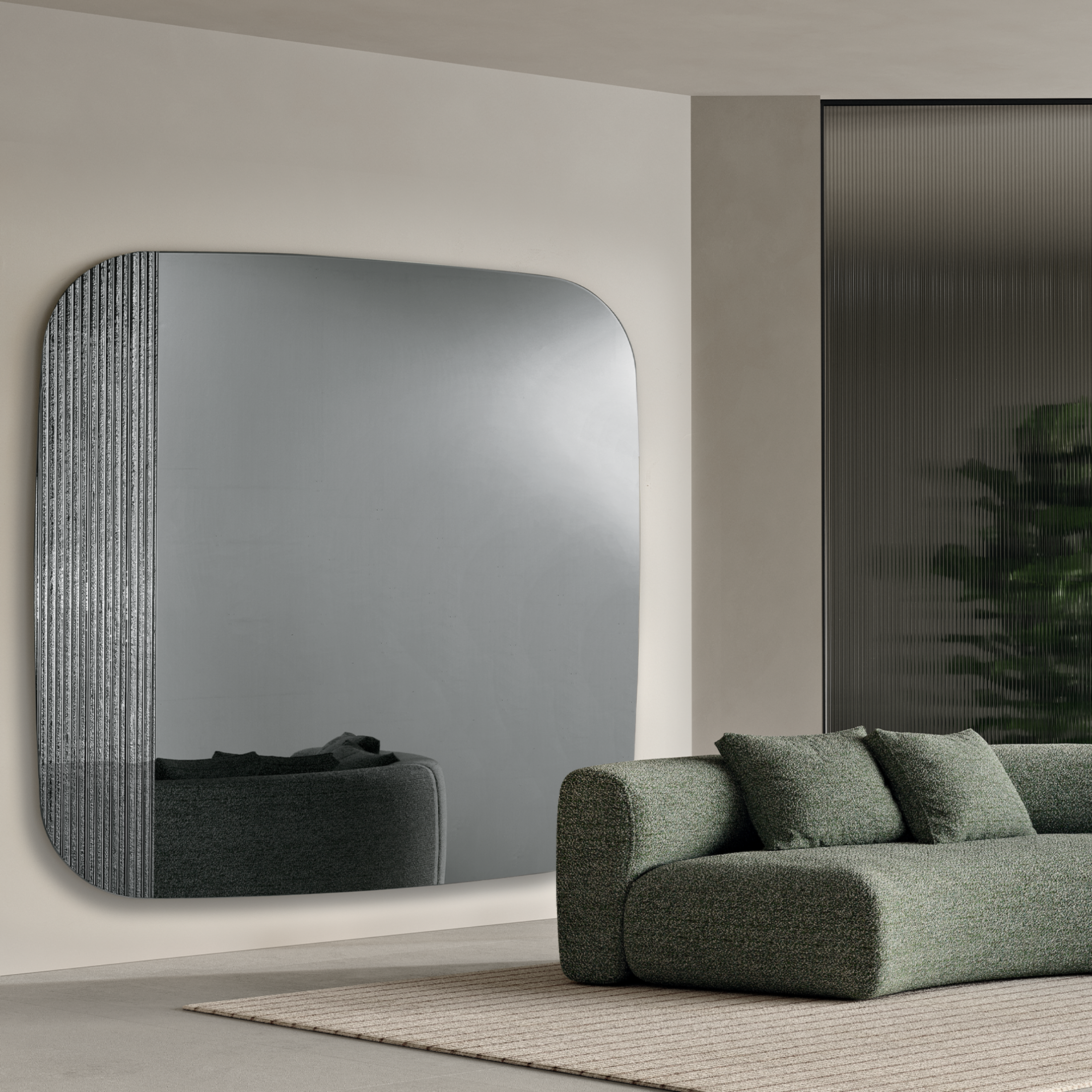 "Axis" modern shaped wall mirror with striped insert
