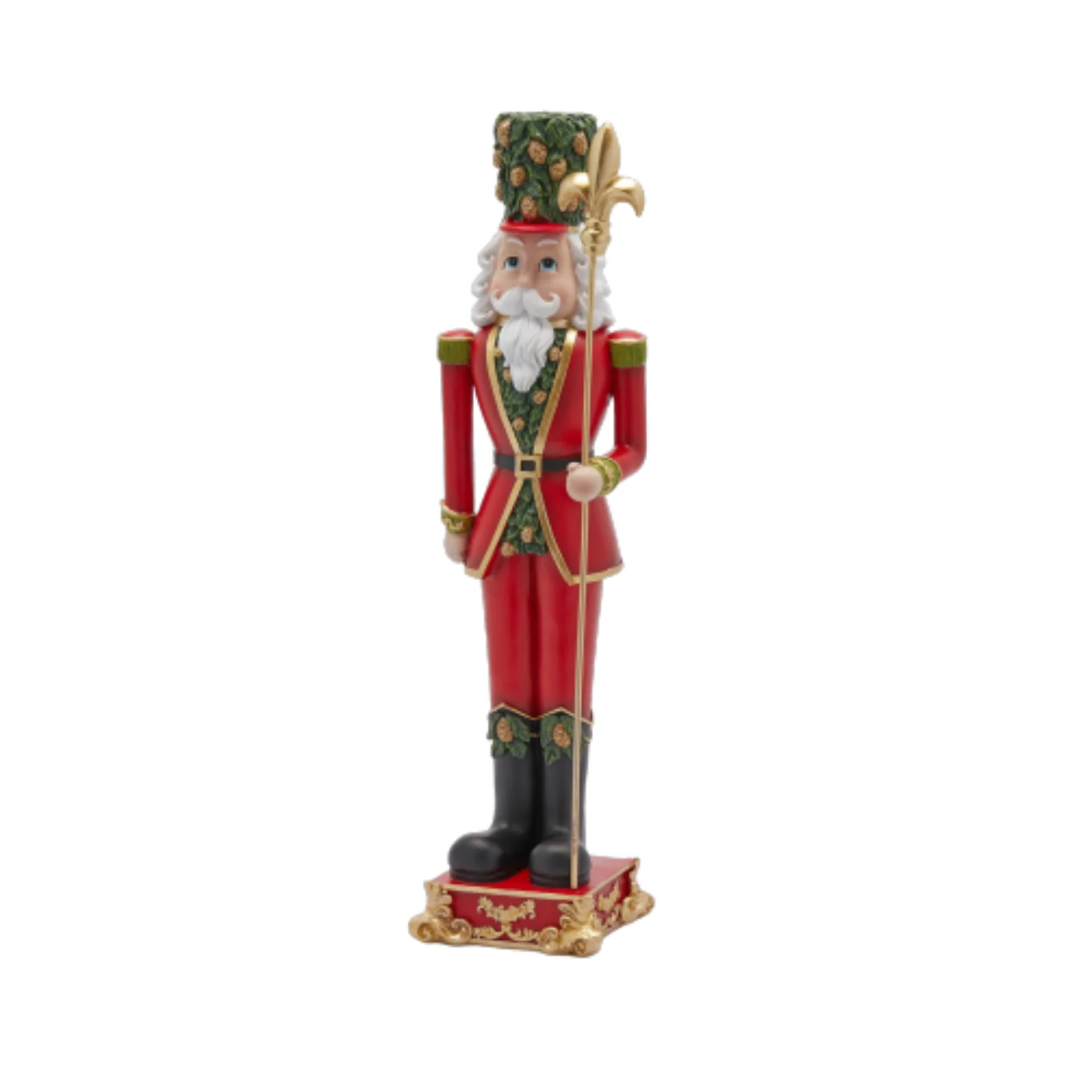 Red and green resin Christmas soldier with decorative halberd in hand, 51.5 cm high