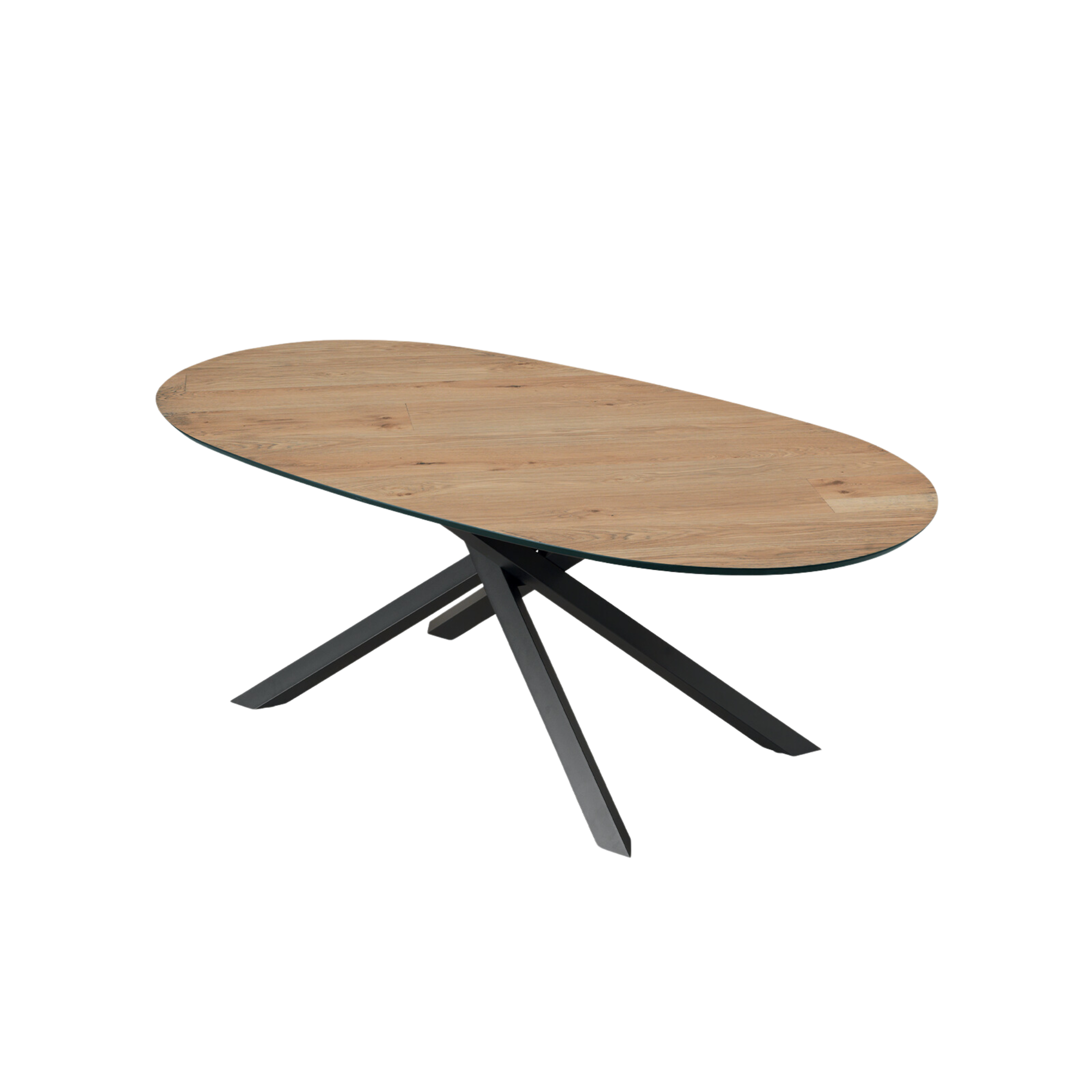 "Canyon" modern fixed dining table with metal base and oak top, 210x109 cm, 75 cm high
