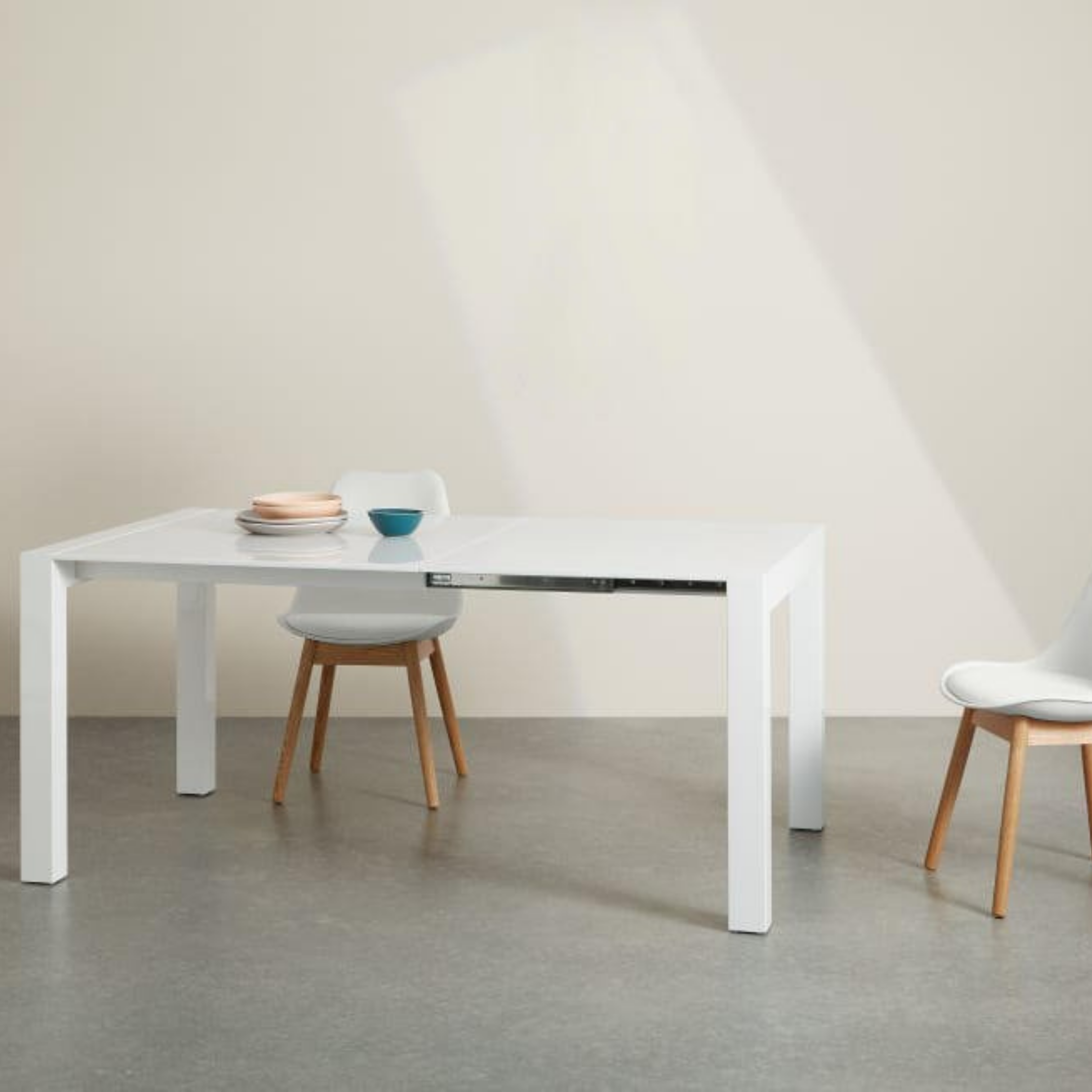 "Spike" modern extendable white wooden dining table, 103 cm/170 x 90 cm, 76 cm high