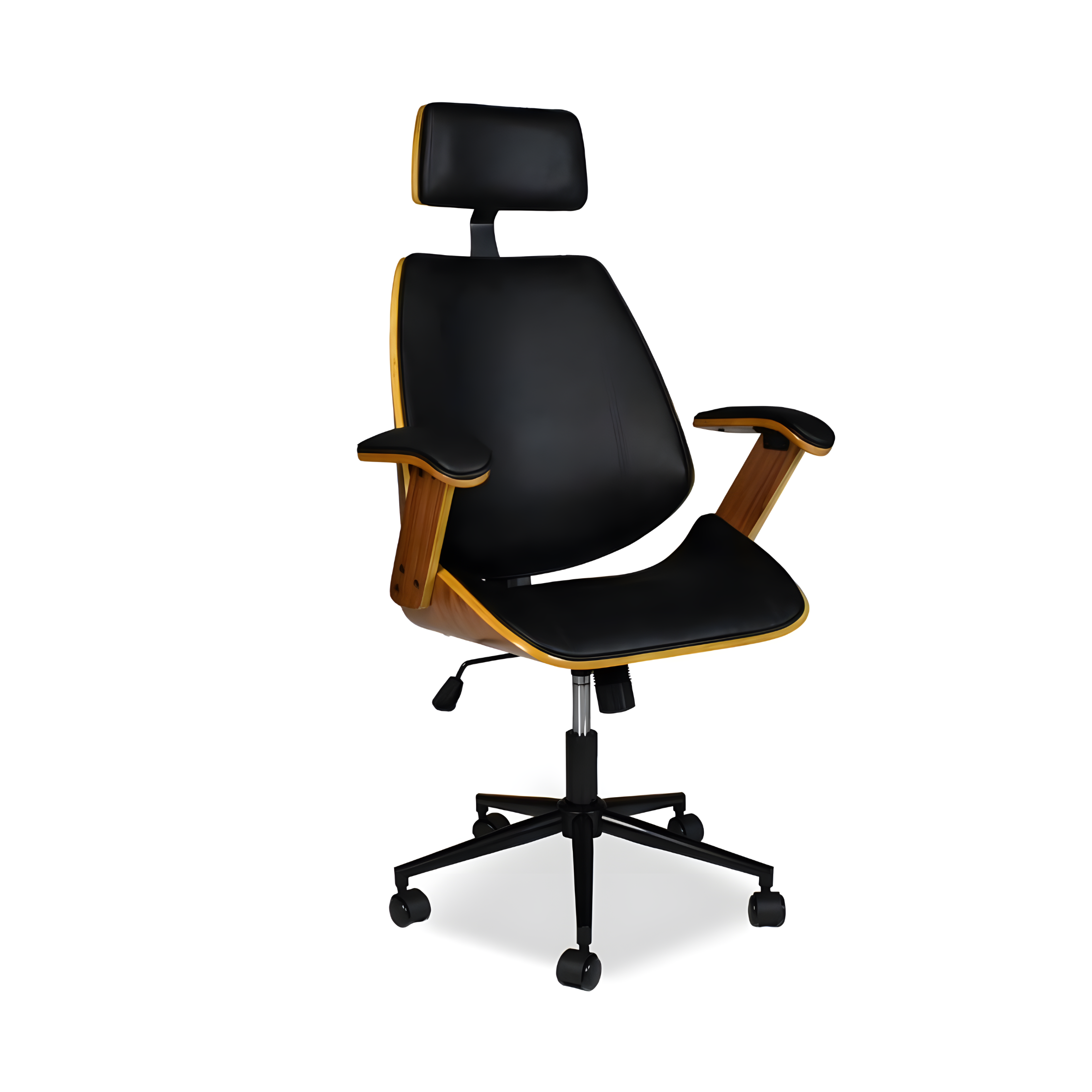 "James" swivel office chair in black leather with wood-effect frame and armrests, 66x50 cm, 118 cm high.