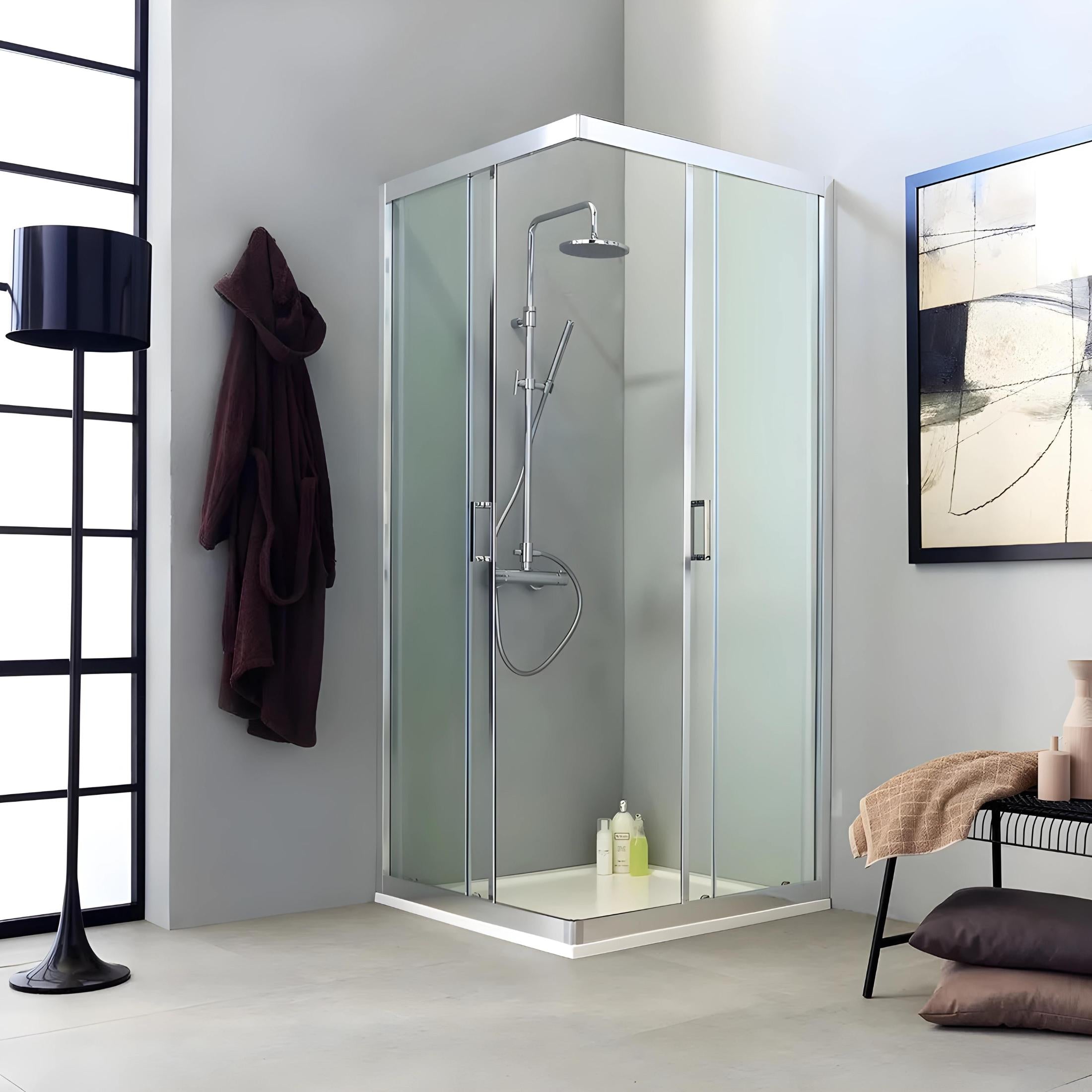 "Ferrara Two" corner shower enclosure with two sliding doors in clear glass, 195 cm high.
