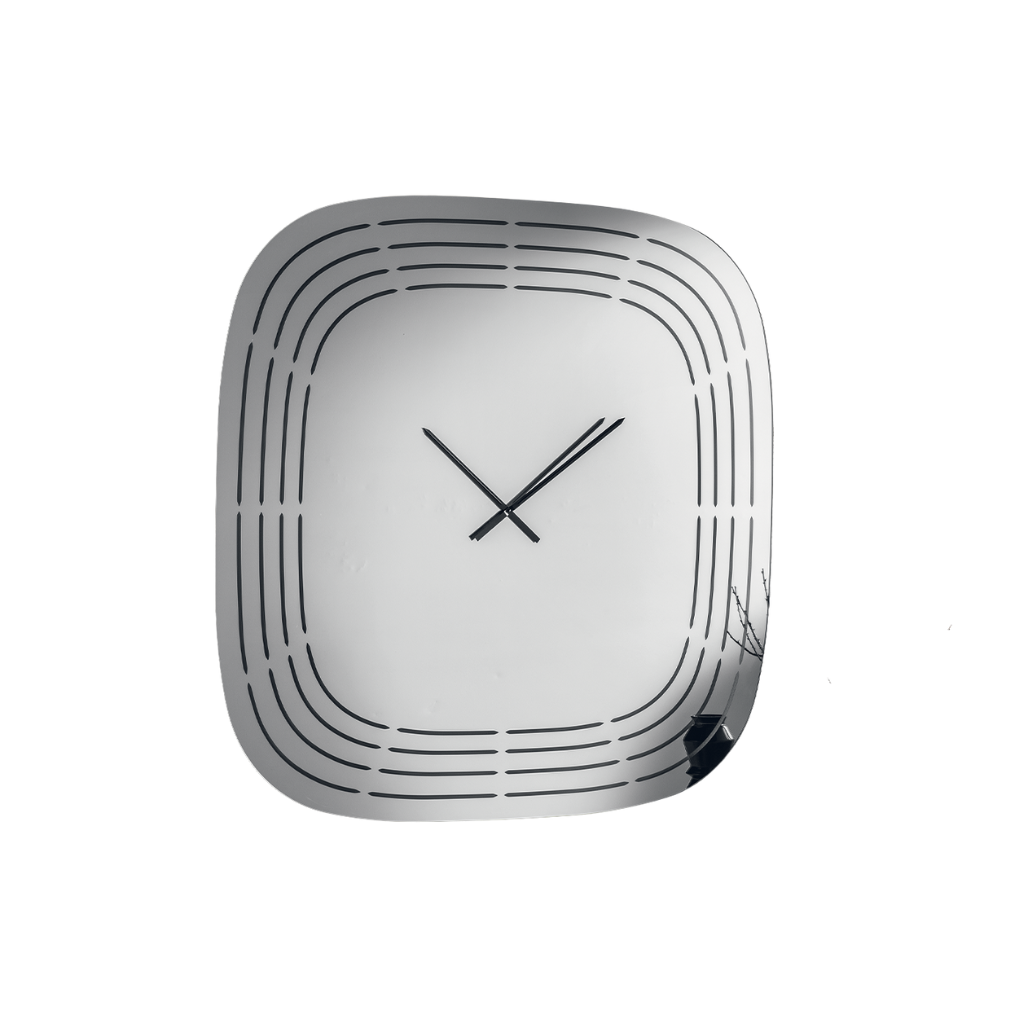 Mirrored glass wall clock with laser engravings, 120 x 120 cm.