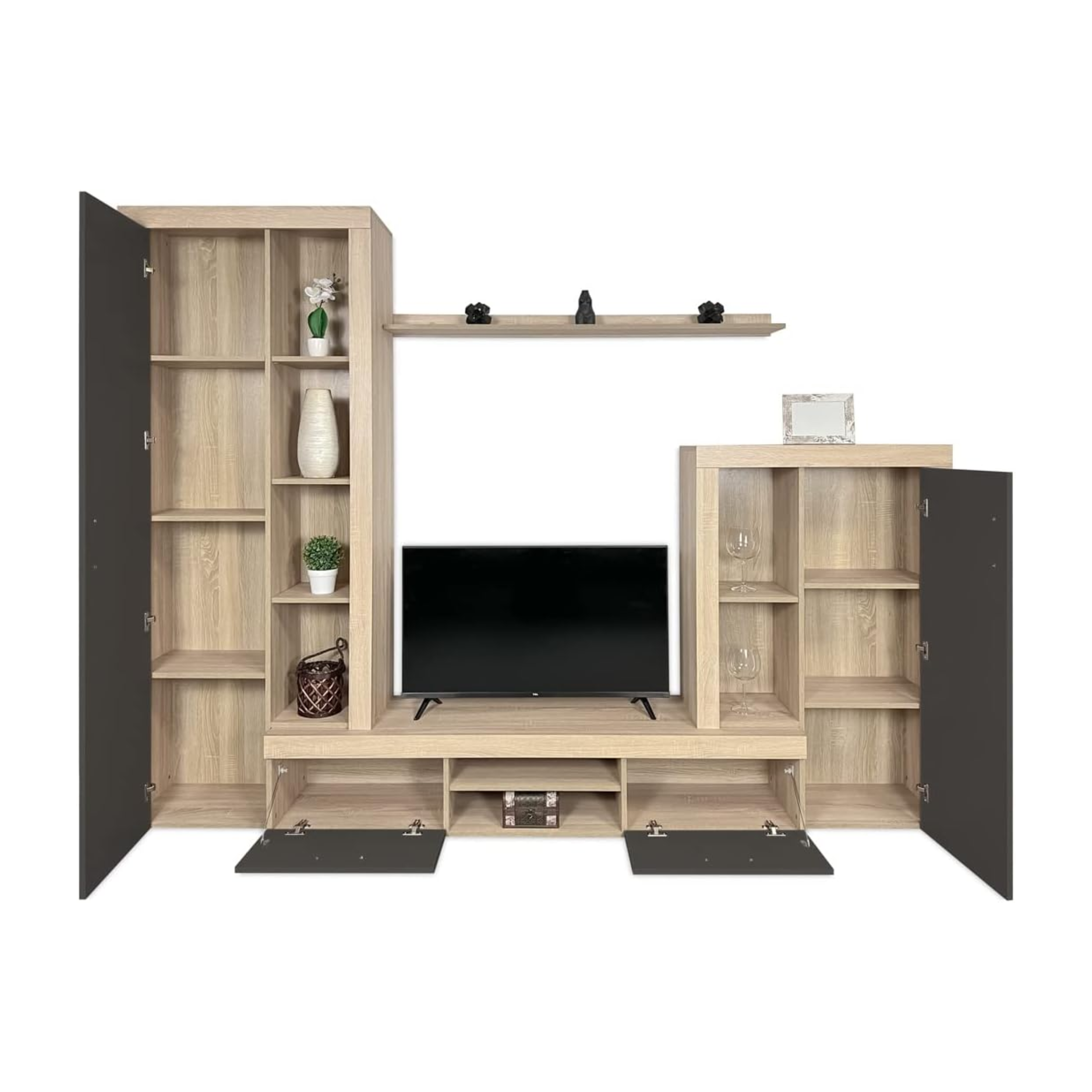 "Nobel" living room wall unit in natural wood and anthracite, 263x40 cm, 200 cm high
