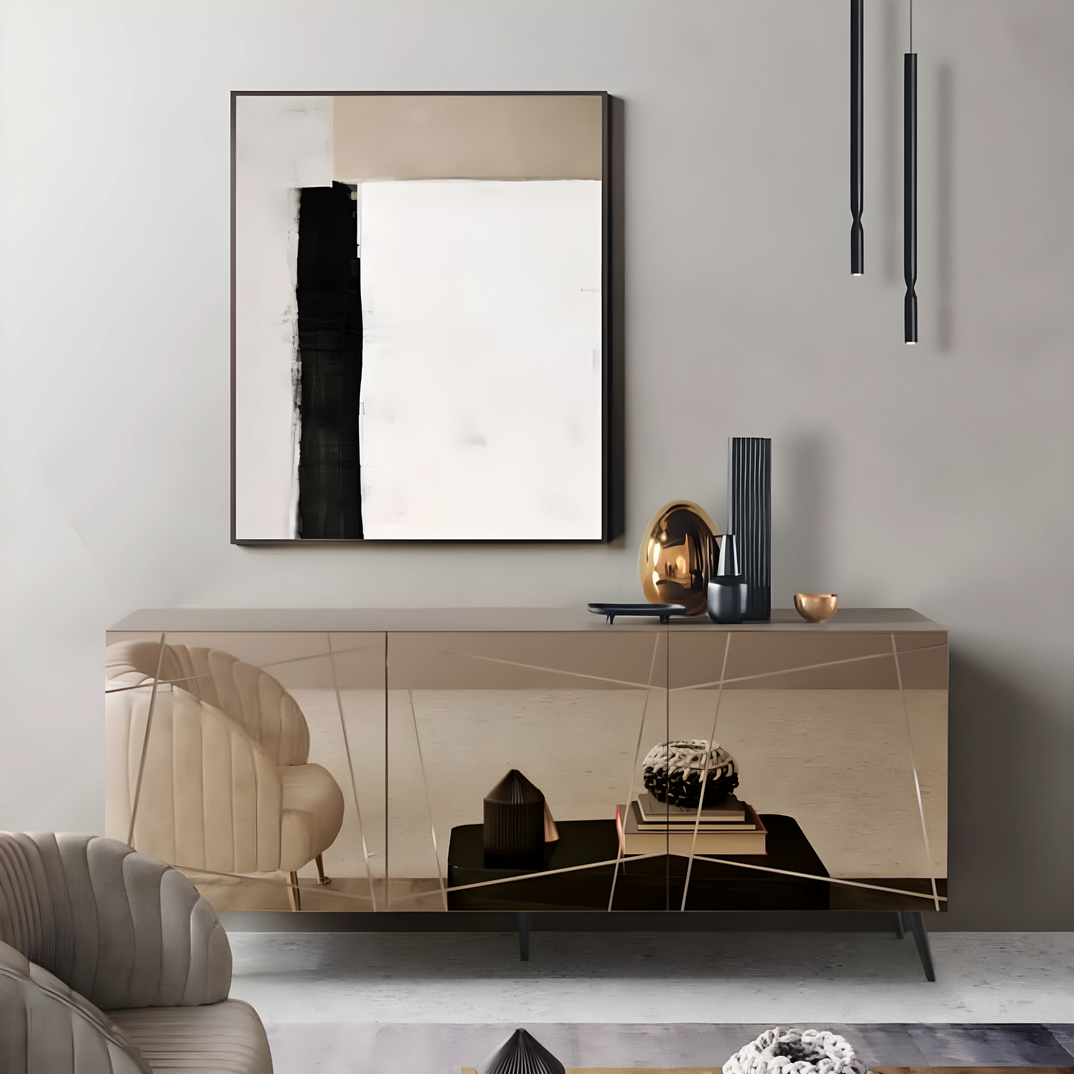 Modern, pre-assembled wooden sideboard "Conty" with 3 mirrored doors, 180x50 cm, h80 cm