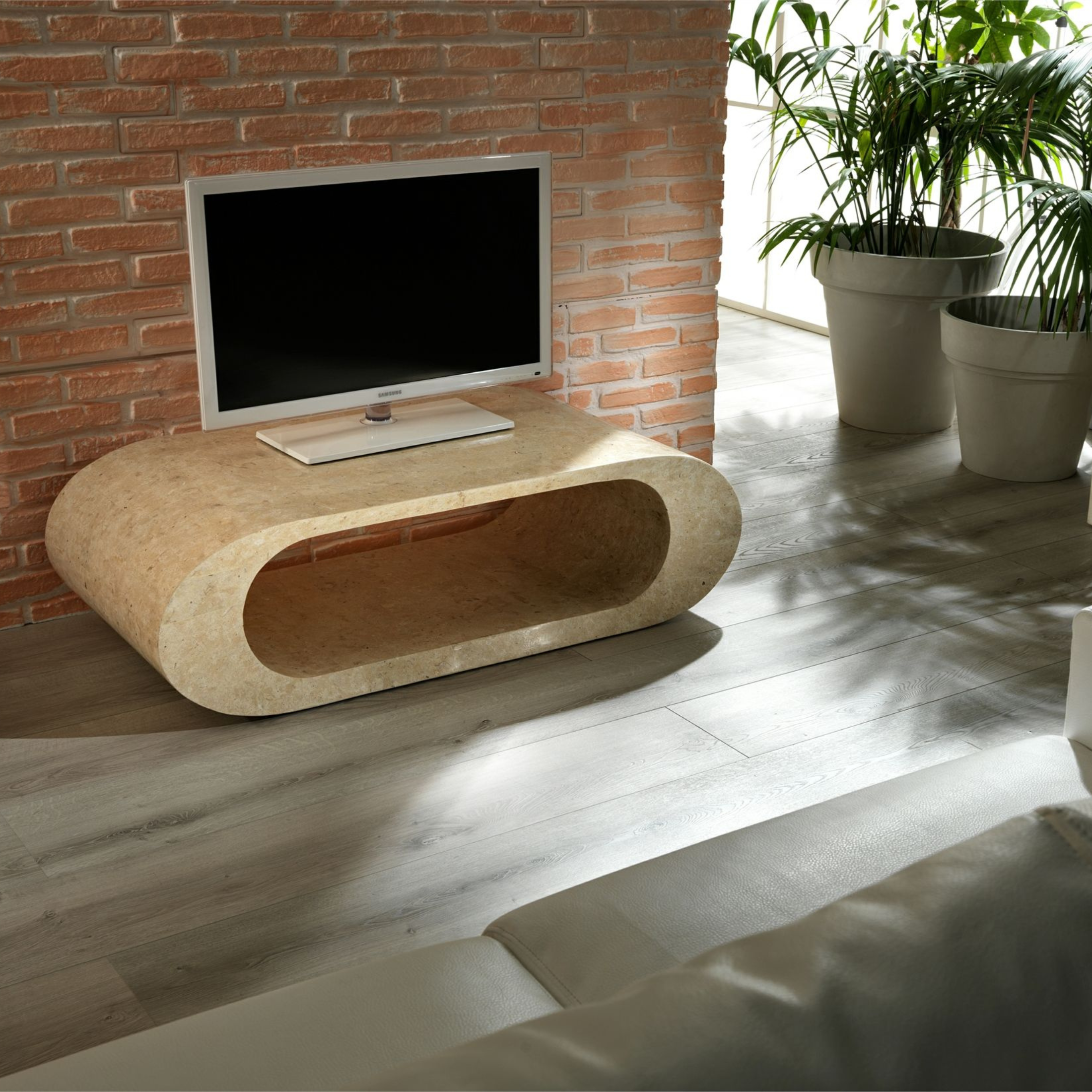 Modern low TV table in fossil stone "Tay" 120x62 cm 35h