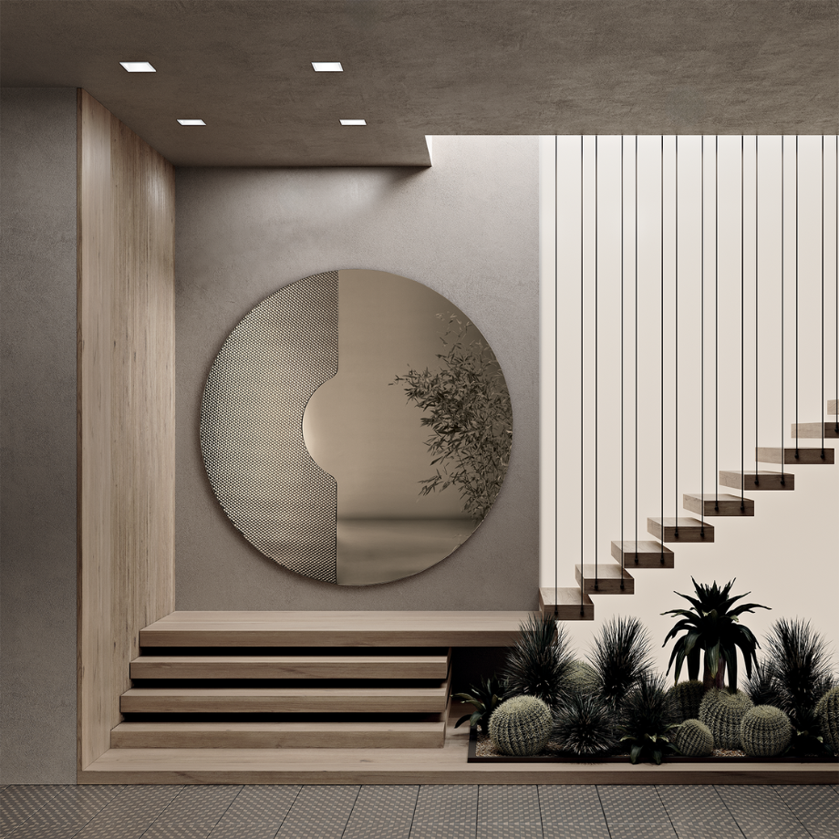 "Ilia" round wall mirror with mesh insert for modern spaces