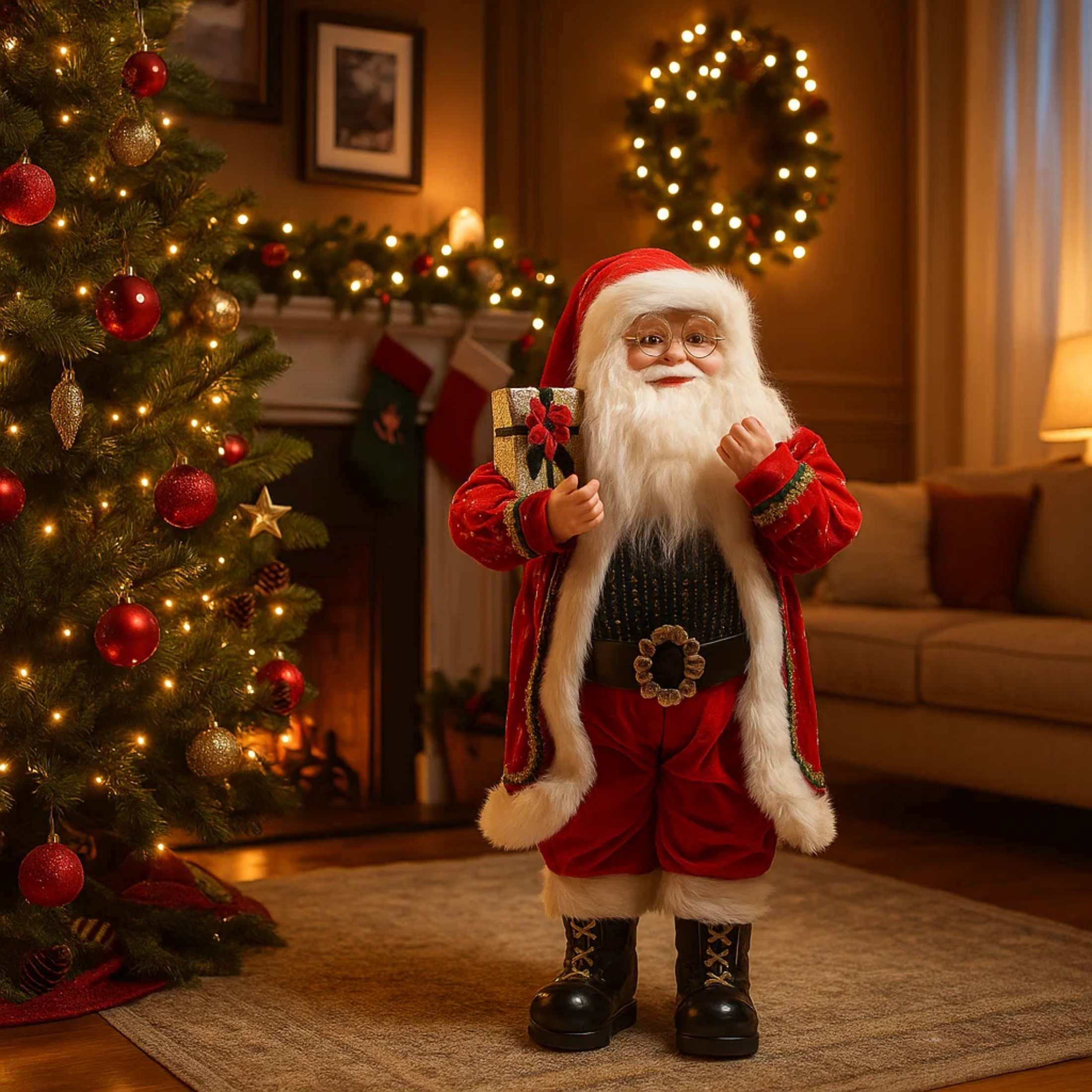 Santa Claus in red suit and polyester gift for Christmas decorations