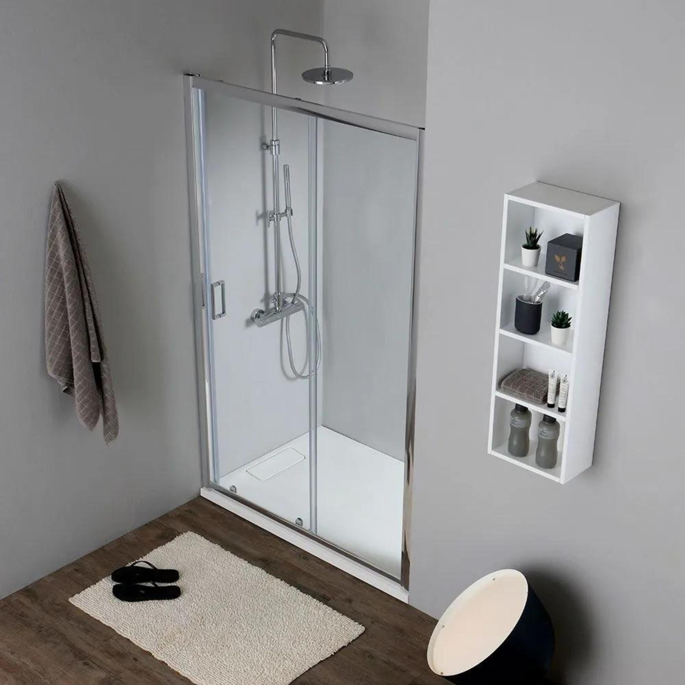 Niche shower with "Genova" sliding door in transparent tempered glass, 185 cm high